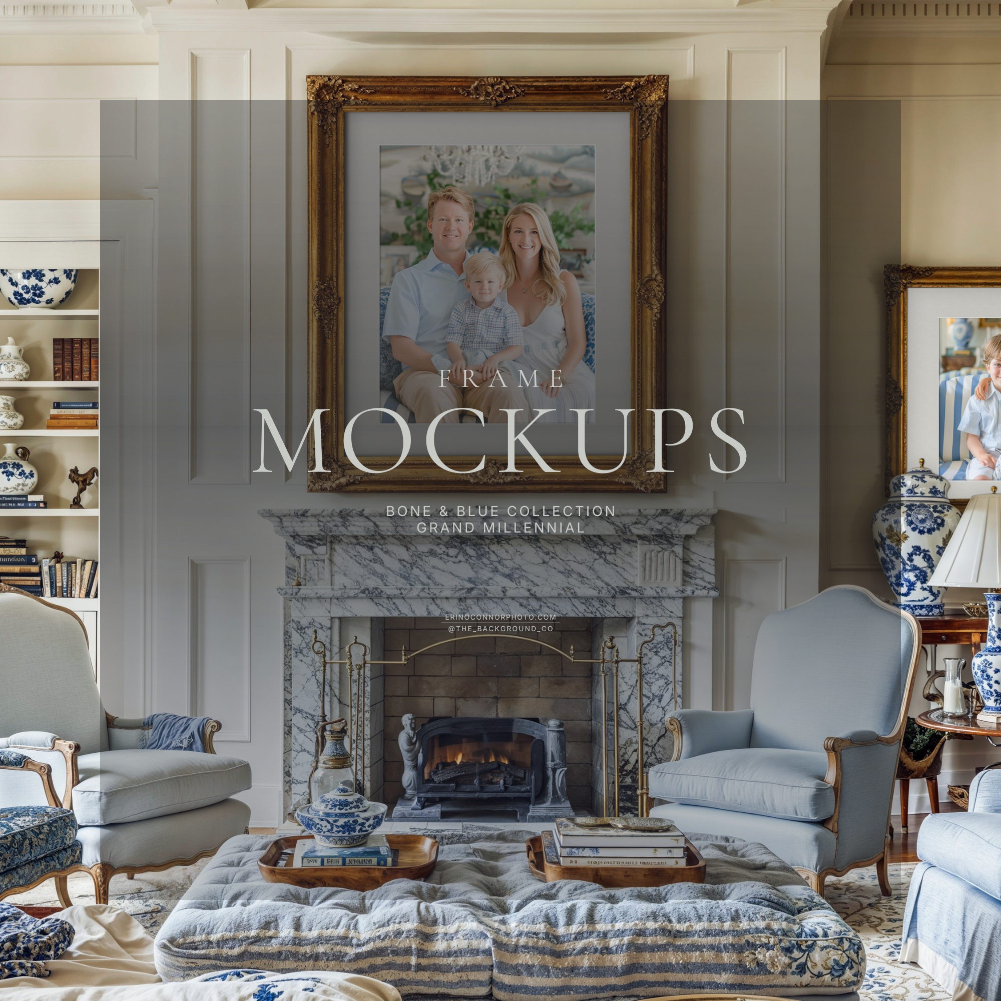 Grand millennial living room with blue and white decor, marble fireplace, two ornate gold frame mockups on paneled walls, styled for showcasing photography and art prints.