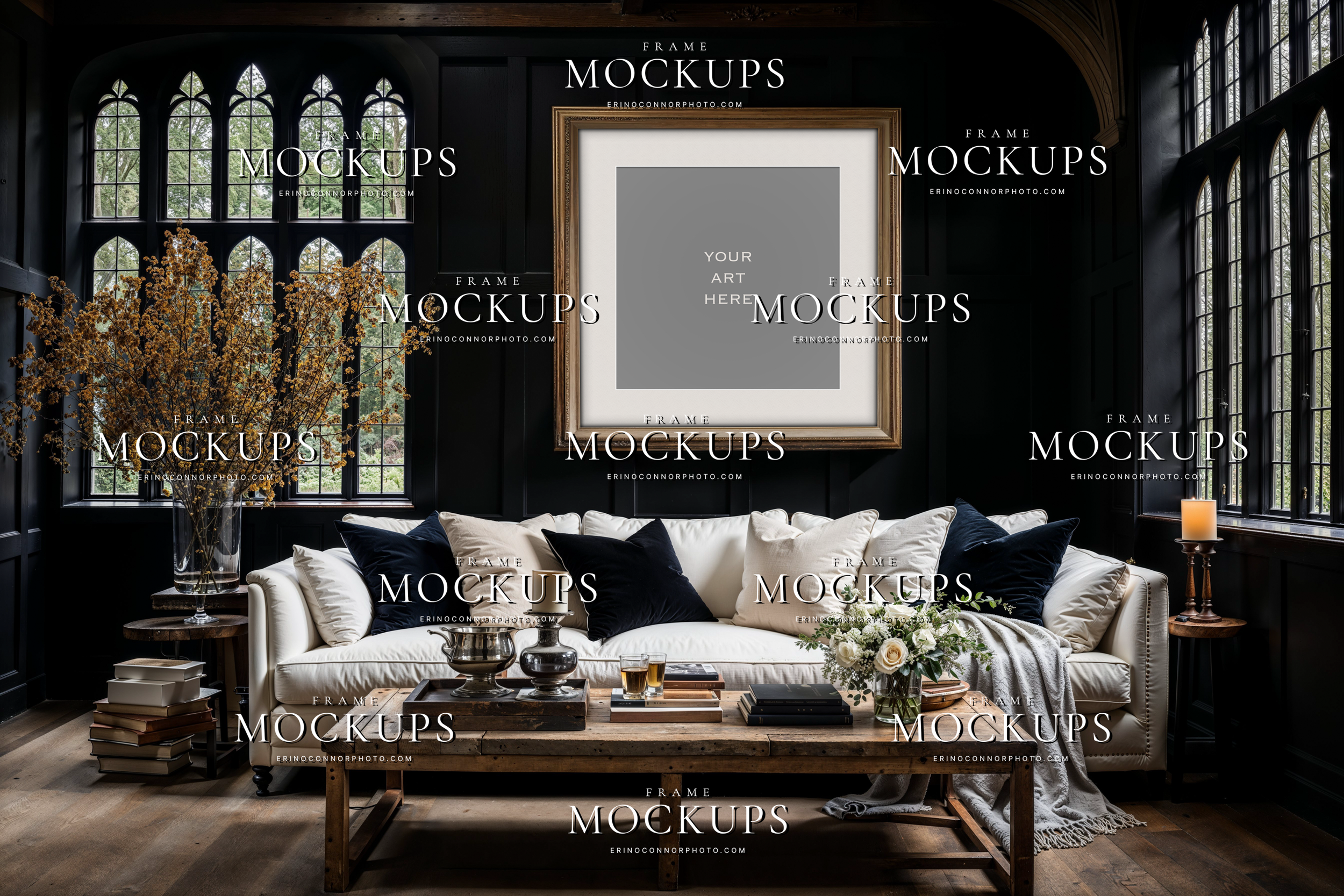 English Revival frame mockup collection with dark paneled walls, arched manor windows, and vintage wood frames for photographers and artists presenting fine art and portrait prints.