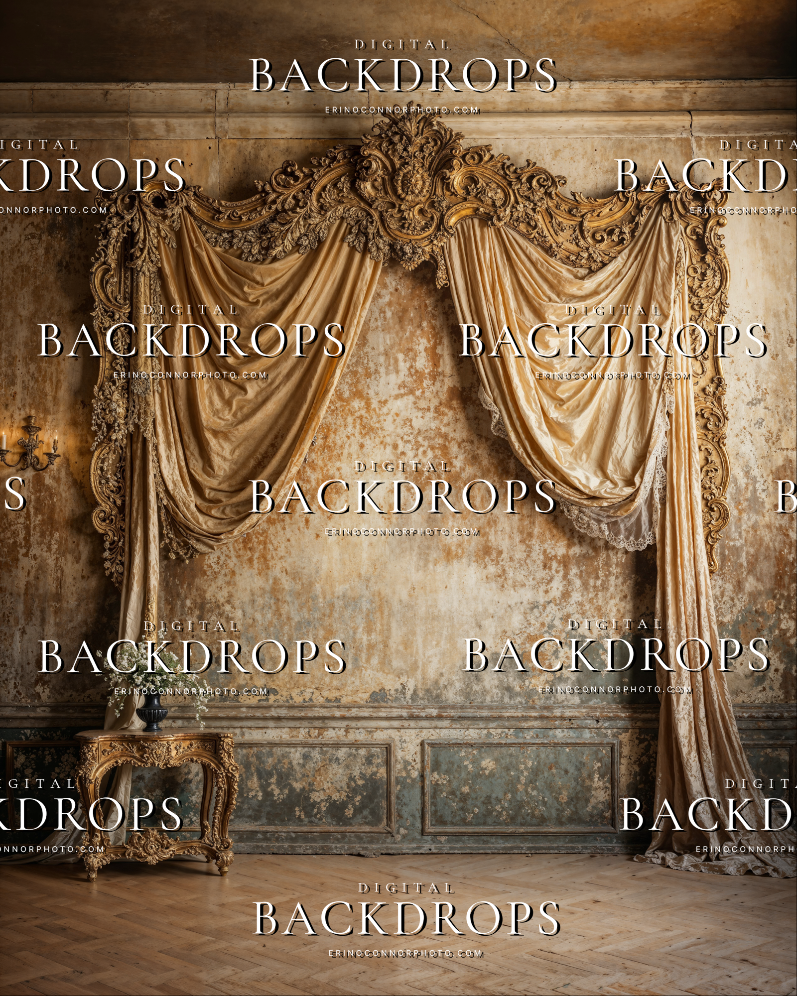 Wide gilded arch digital background with chandelier, draped fabric, and distressed beige wall for fine art portrait composites.