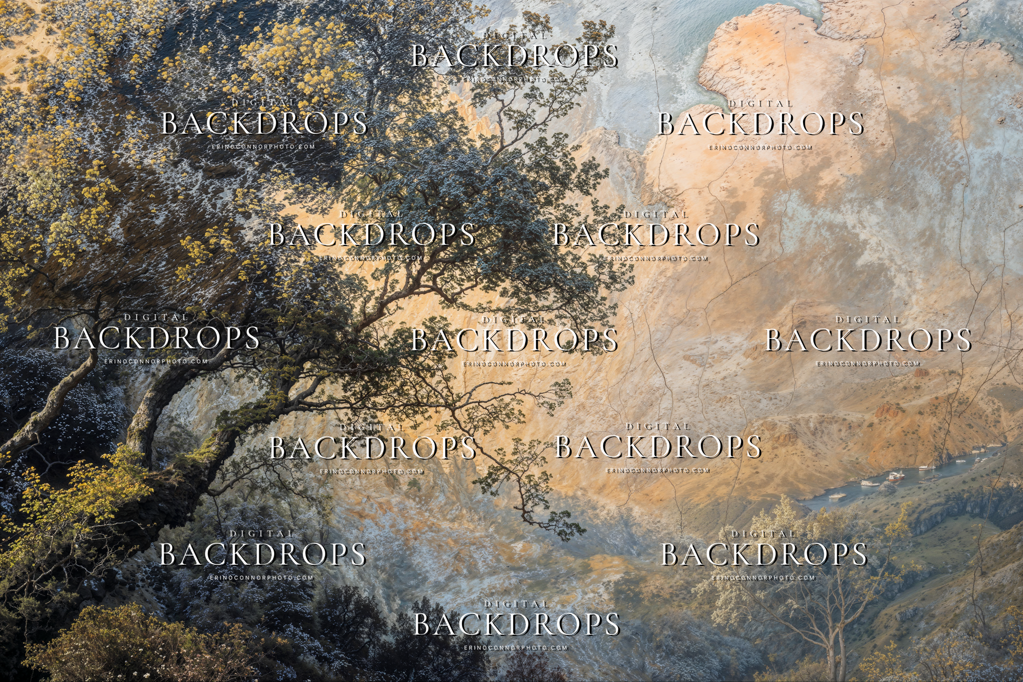 Old Masters Varnished Valleys digital background: cliffside oak over a sunlit valley and distant water, aged varnish crackle; storybook portrait background.