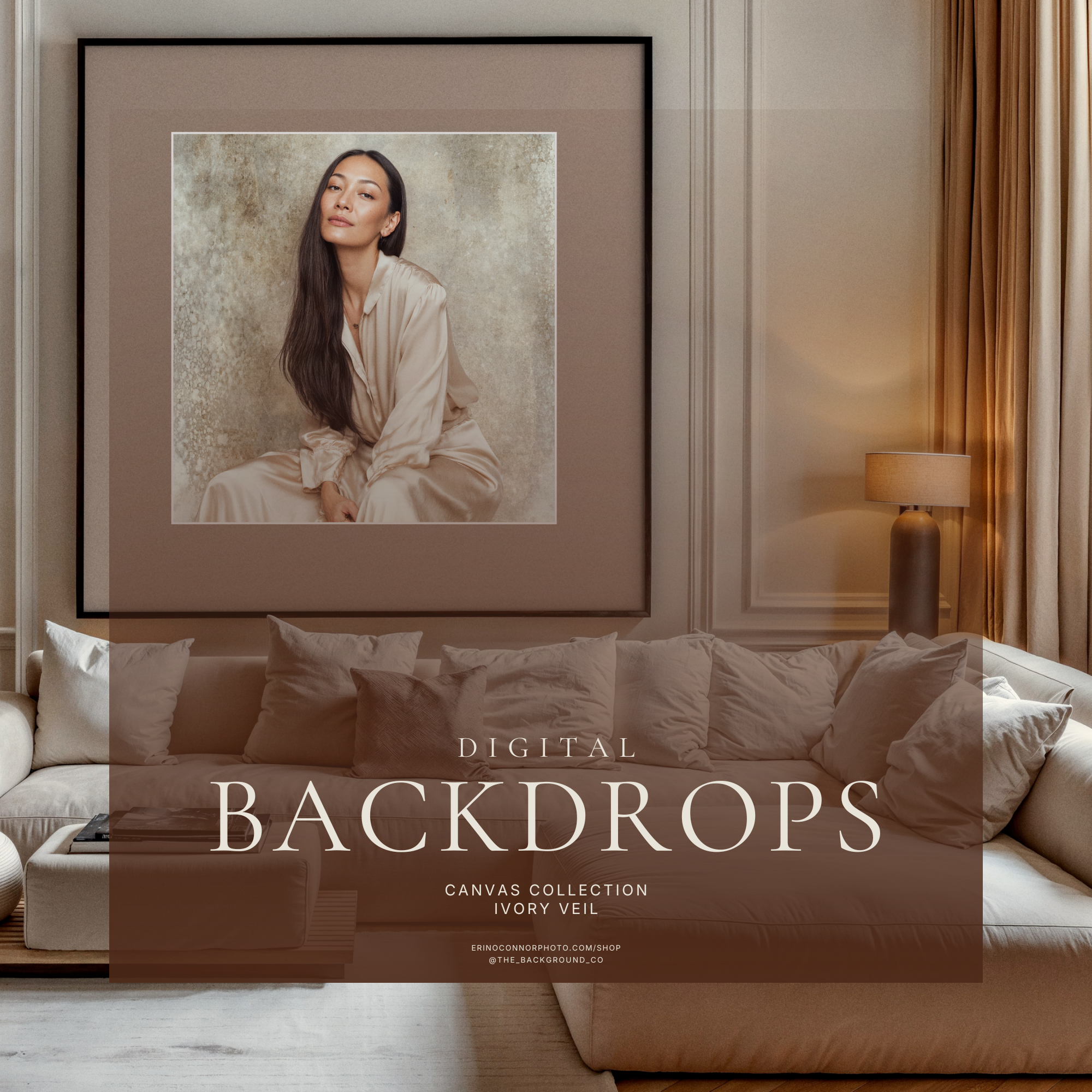 Ivory Veil canvas digital background shown as framed wall art in a neutral living room mockup for photographers and artists.