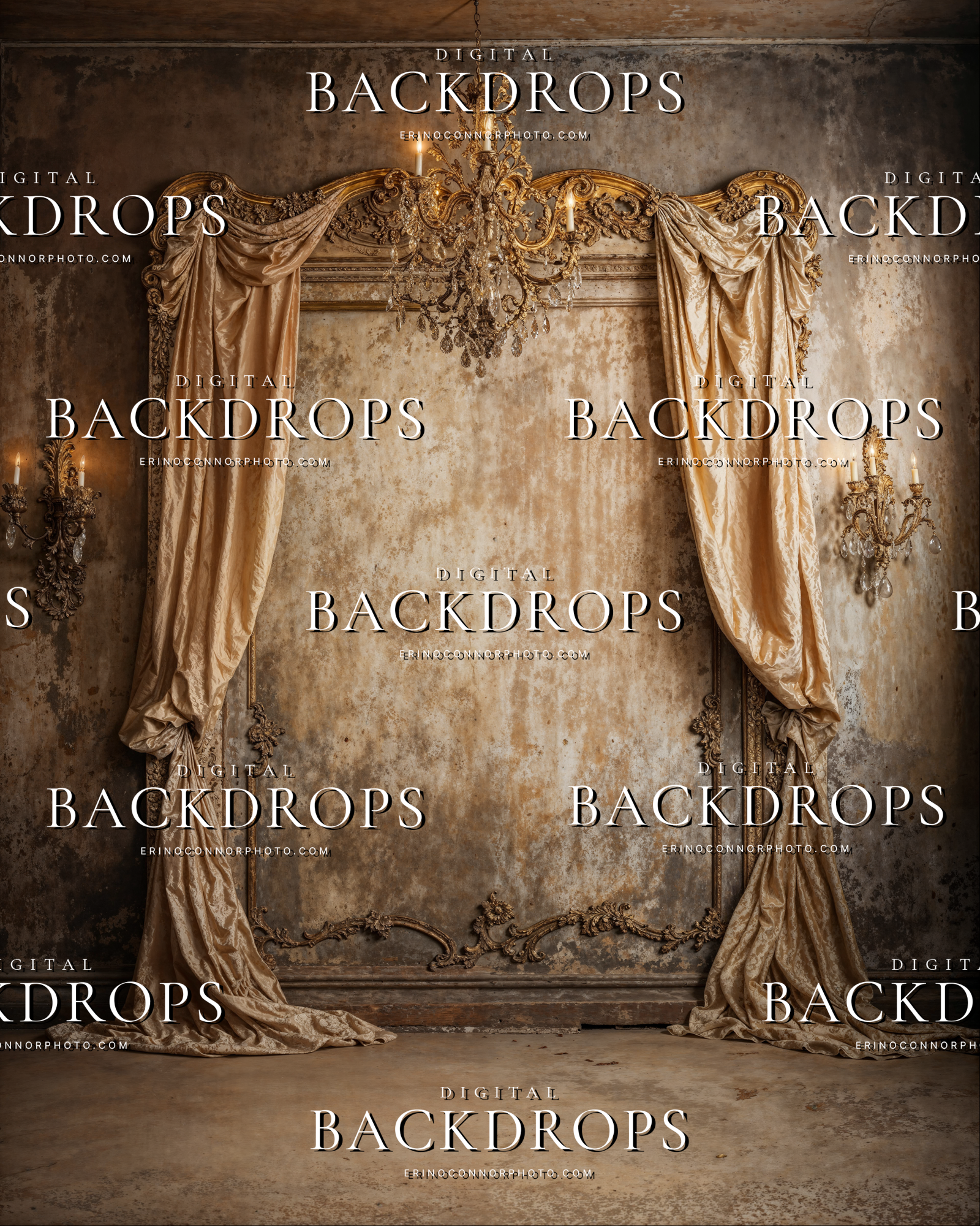 Rococo gilded arch digital background with bronze drapery, distressed antique wall, candle sconces, and chandelier detail.