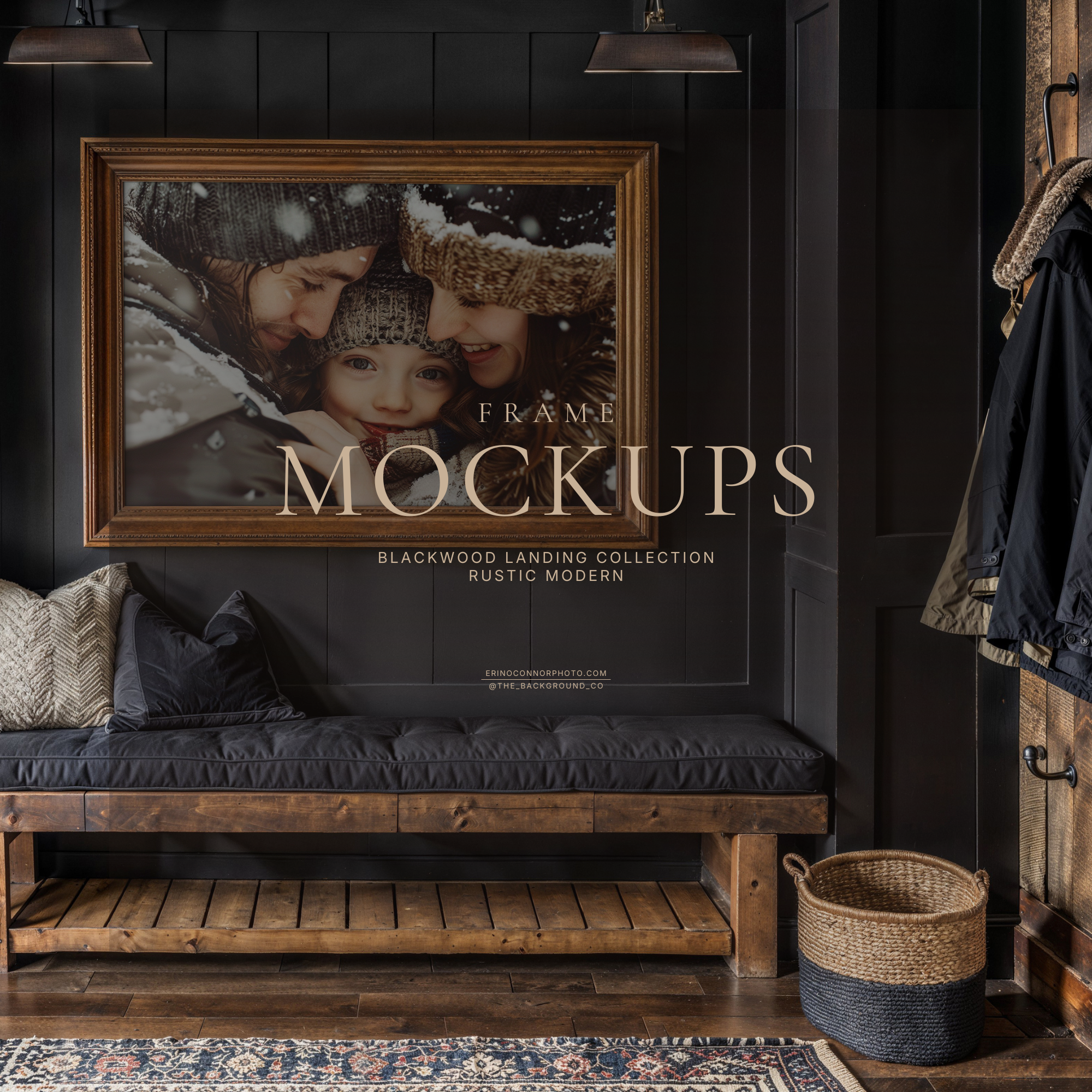 Moody black mudroom frame mockup with gold landscape frame above built in bench, coats on hooks, glass door light, rustic wood accents, ideal for showcasing photography or art.