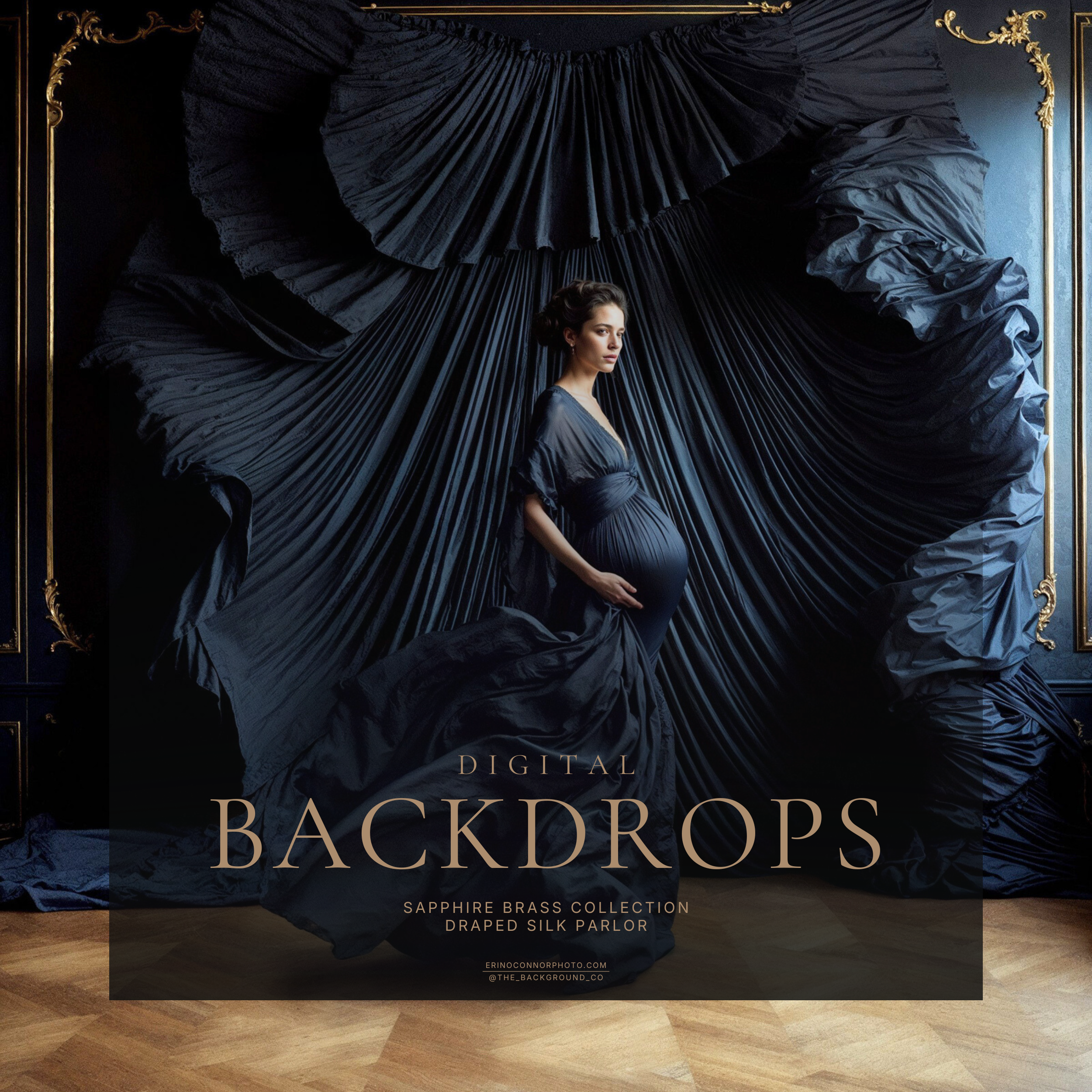 Draped Silk Parlor: Sapphire Brass | Navy Blue Silk Digital Background Set