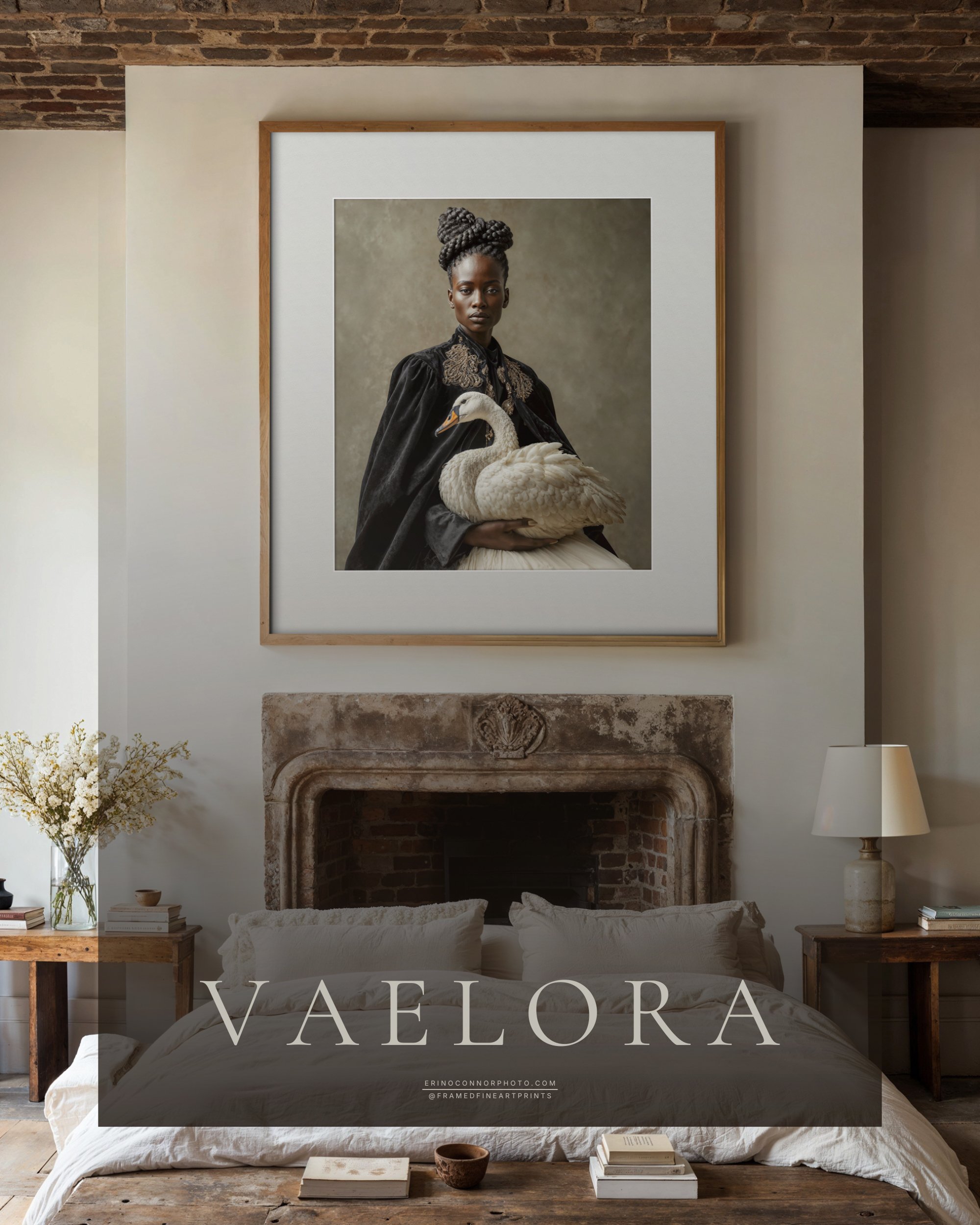 Framed Vaelora fine art portrait displayed above a historic stone fireplace in a neutral bedroom.