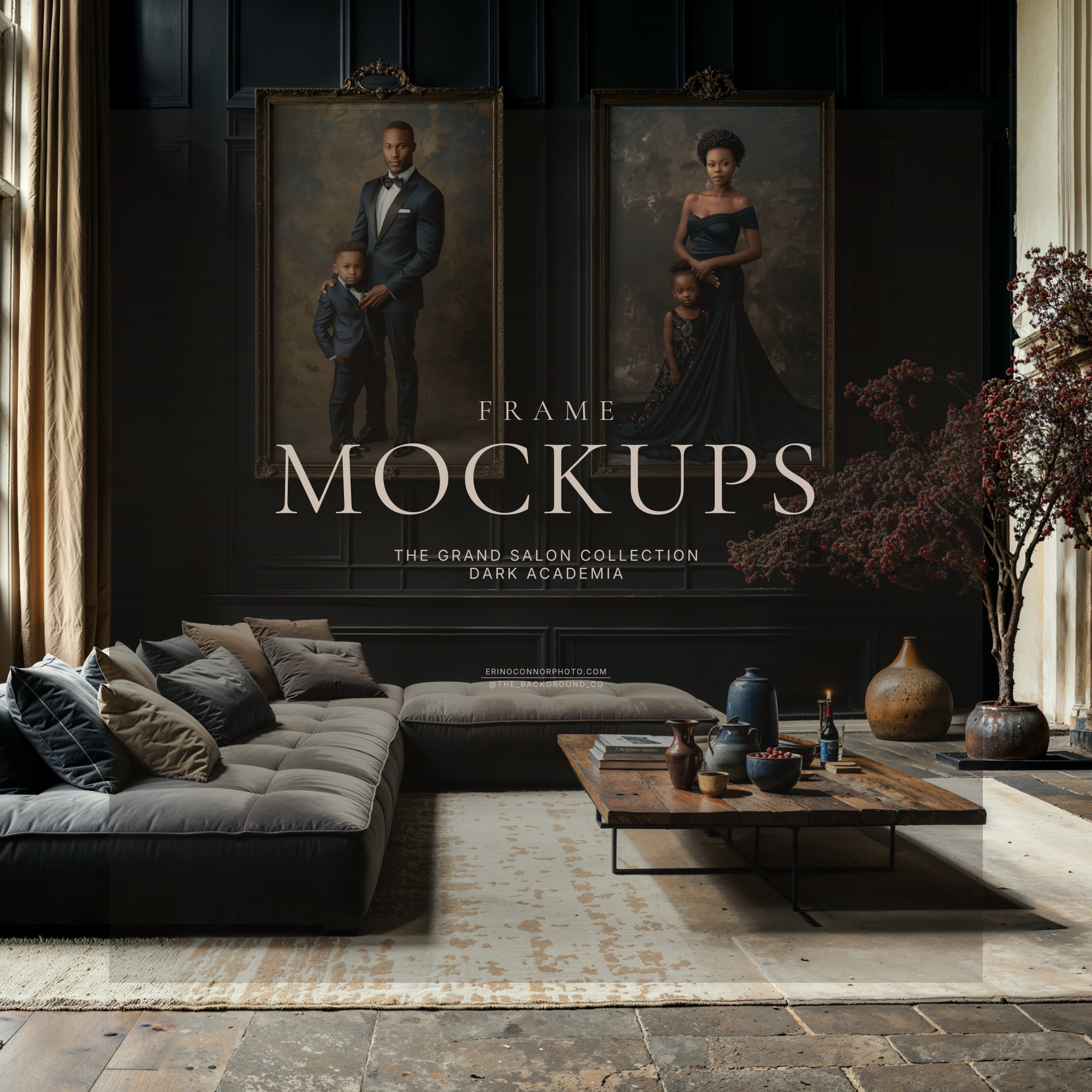 Grand salon room mockup with two vertical frames on charcoal paneled wall, oversized windows and stone fireplace, realistic gallery wall display to showcase artwork in a real room.