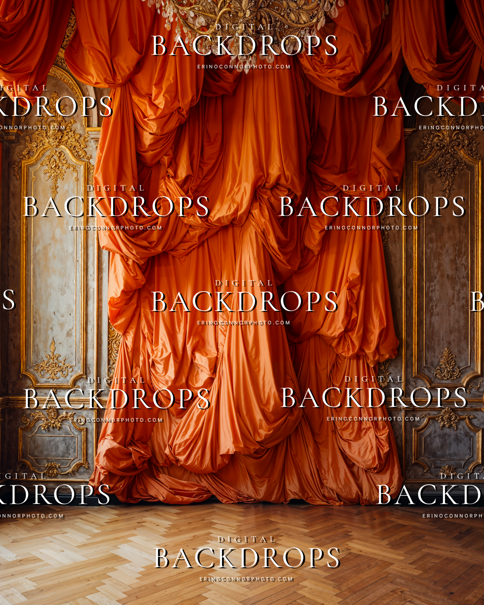 Saffron copper draped silk background with rich folds, warm brown walls, and vintage parlor styling for editorial portrait composites.