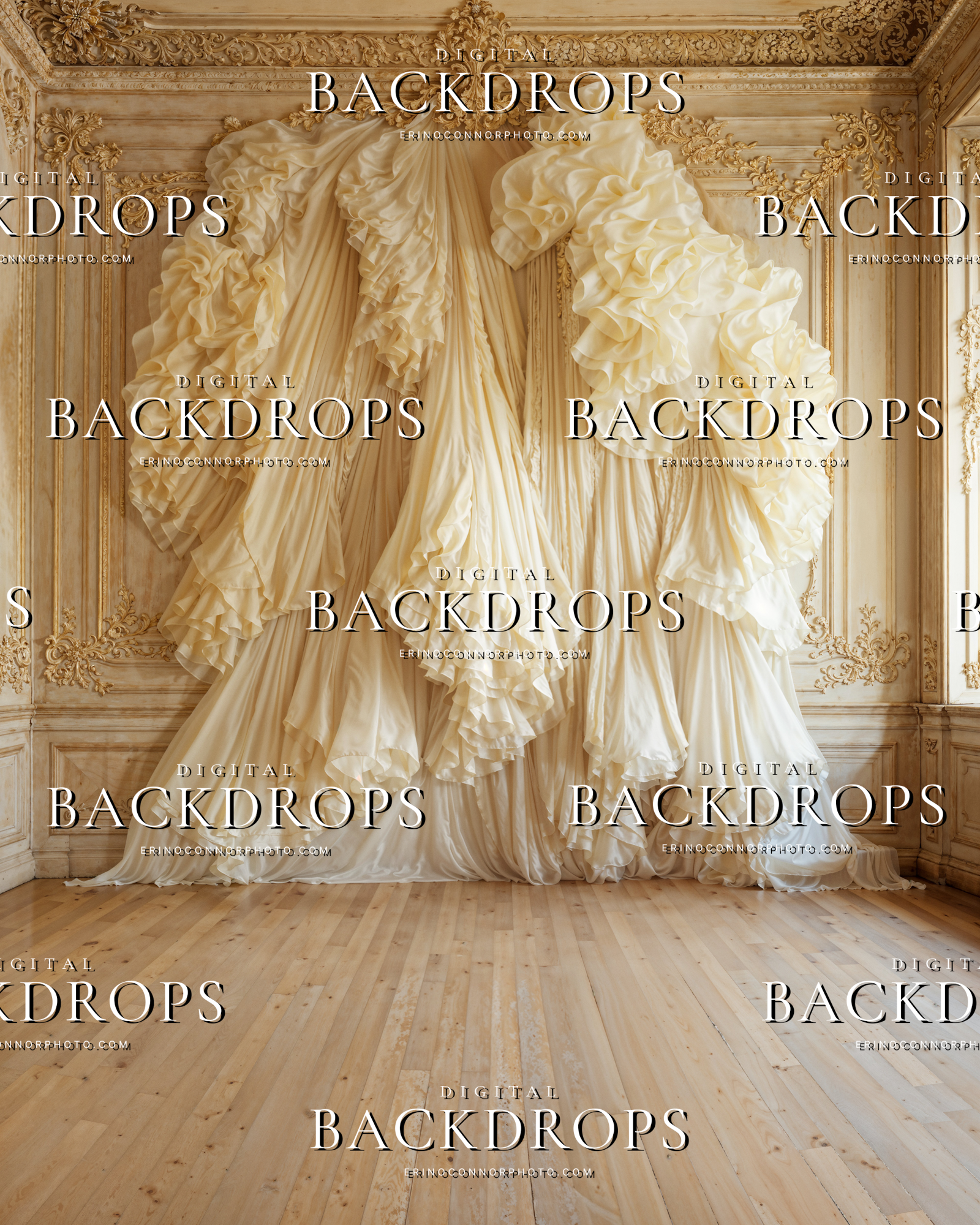 Ivory silk digital background with gathered drapery and carved cream wall panels for portrait, maternity, and fine art composites.