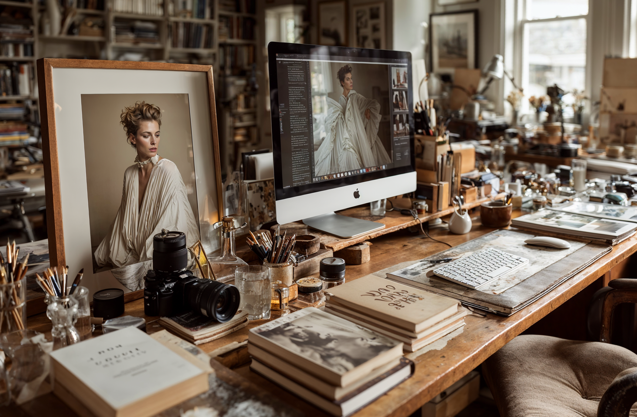 Photography retouching workspace with framed portrait print, editing monitor, and studio desk tools, illustrating how image usage affects print quality, resolution, and professional post production decisions.