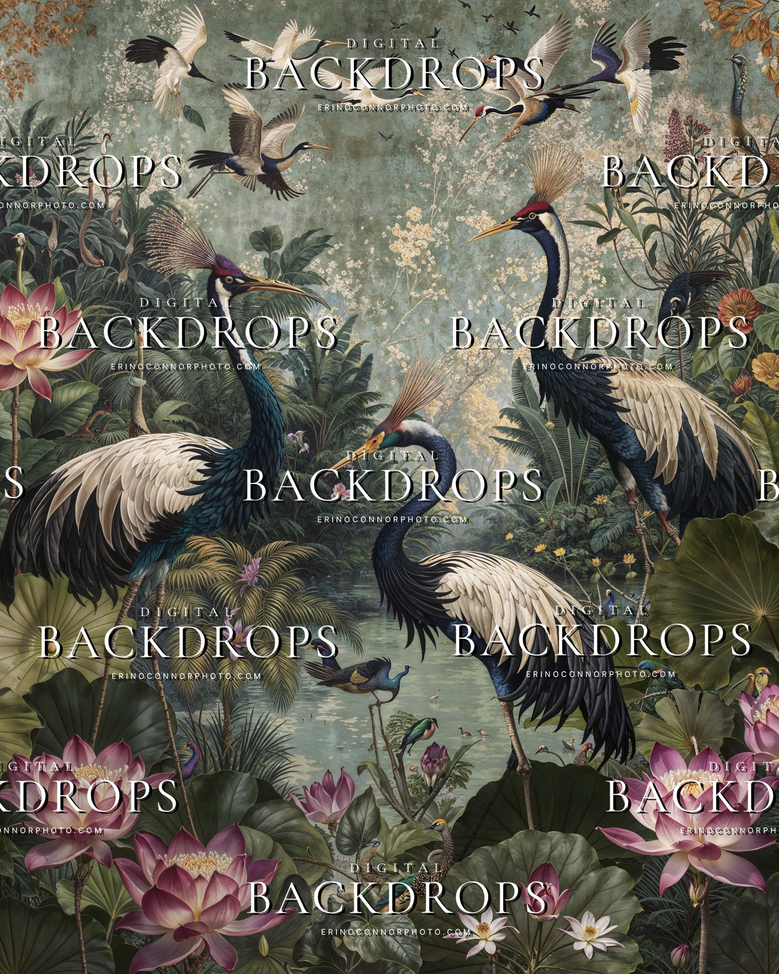 Aviary Botanicals Lotus and Feather, ornate crane and lotus botanical bird scene digital backdrop, teal patina sky, flying birds, lush garden border.