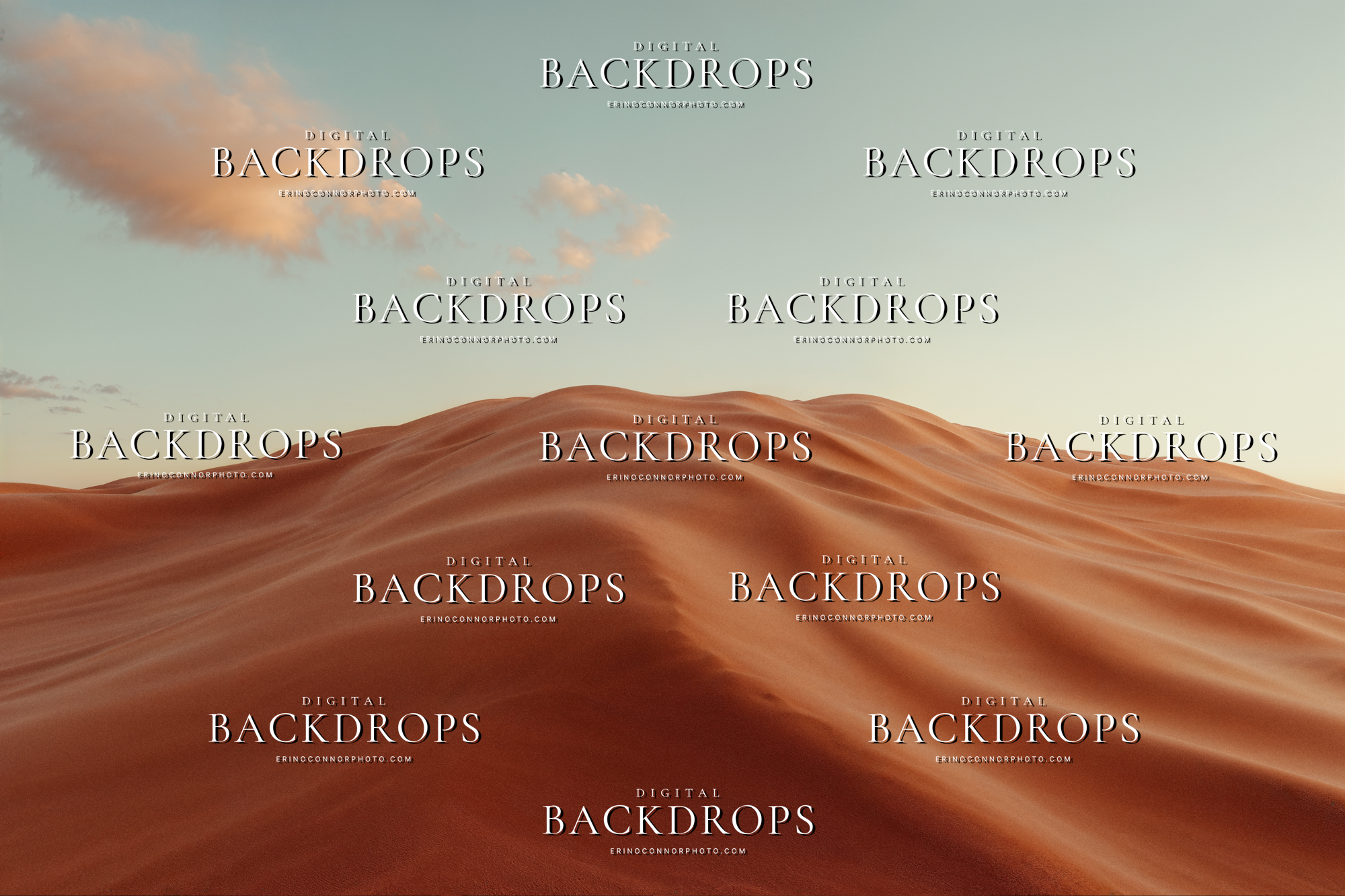 Warm terracotta sand dunes digital background with glowing desert light, open sky, and sculptural sand texture for portrait composites.