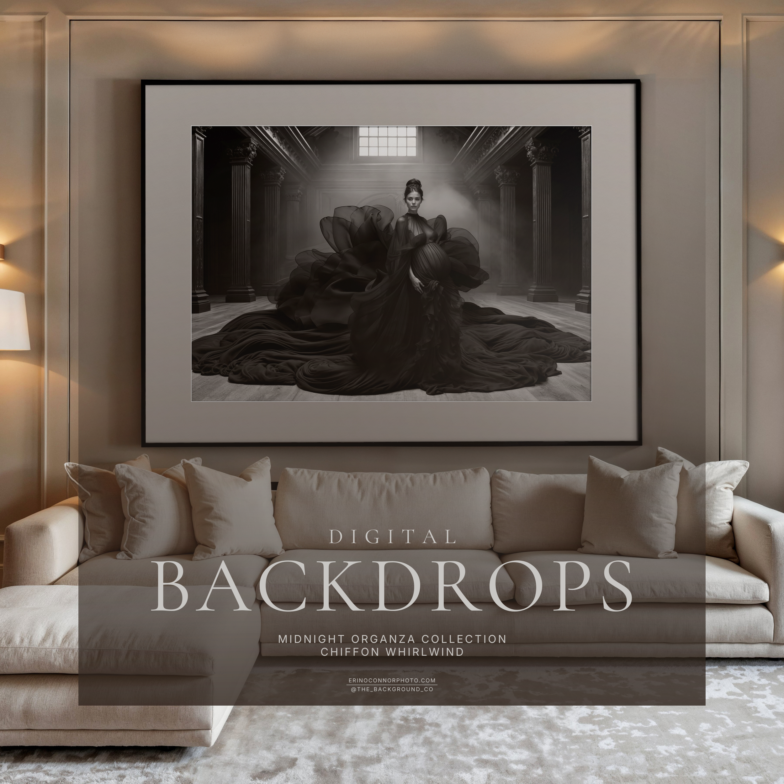 Frame mockup showing a black and white maternity portrait created with the Midnight Organza chiffon digital background displayed as large wall art in a neutral living room.