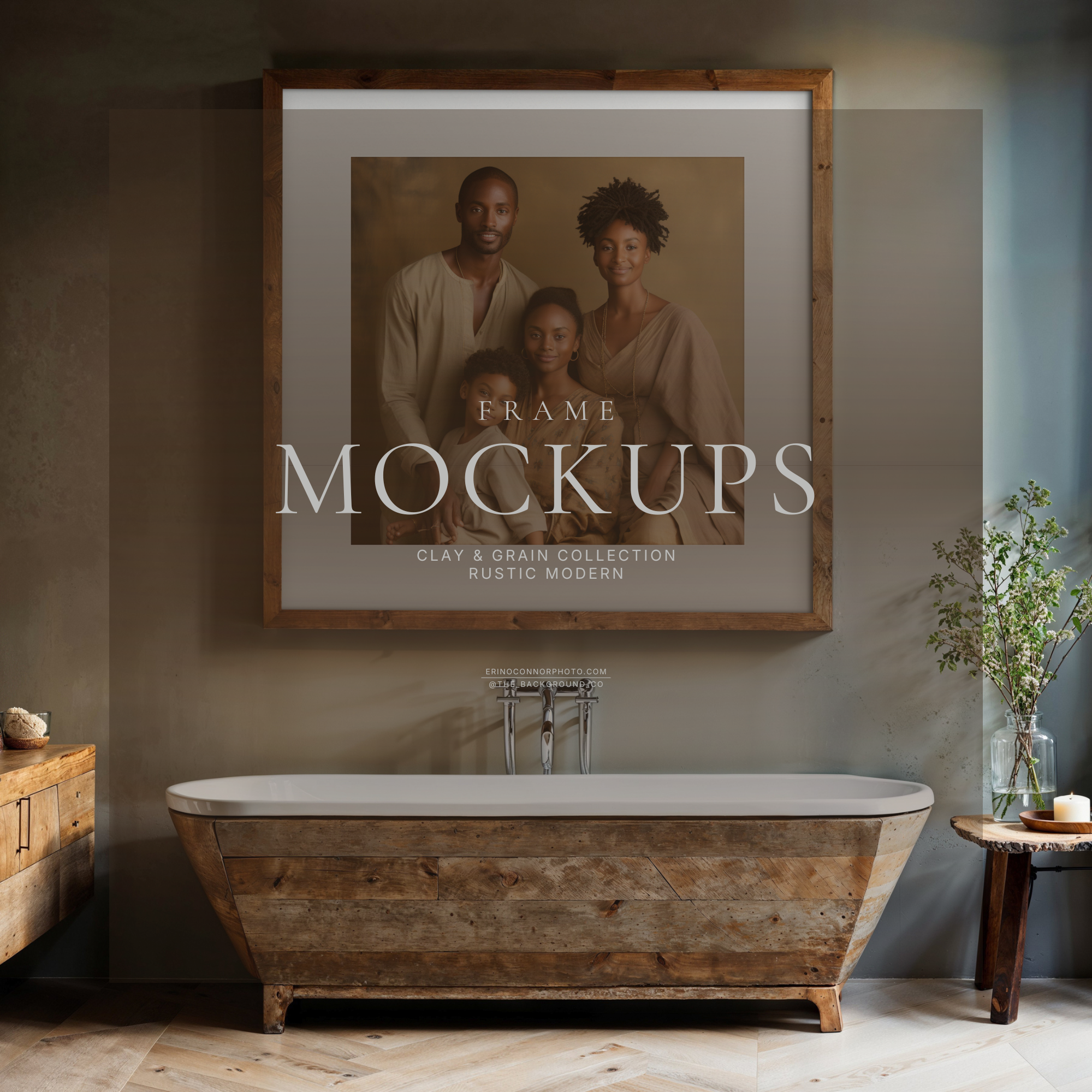 Rustic Modern Clay and Grain frame mockup, square wood frame with white mat above a wood clad bathtub and vanity, spa like bathroom with large window, for art prints and photography display.