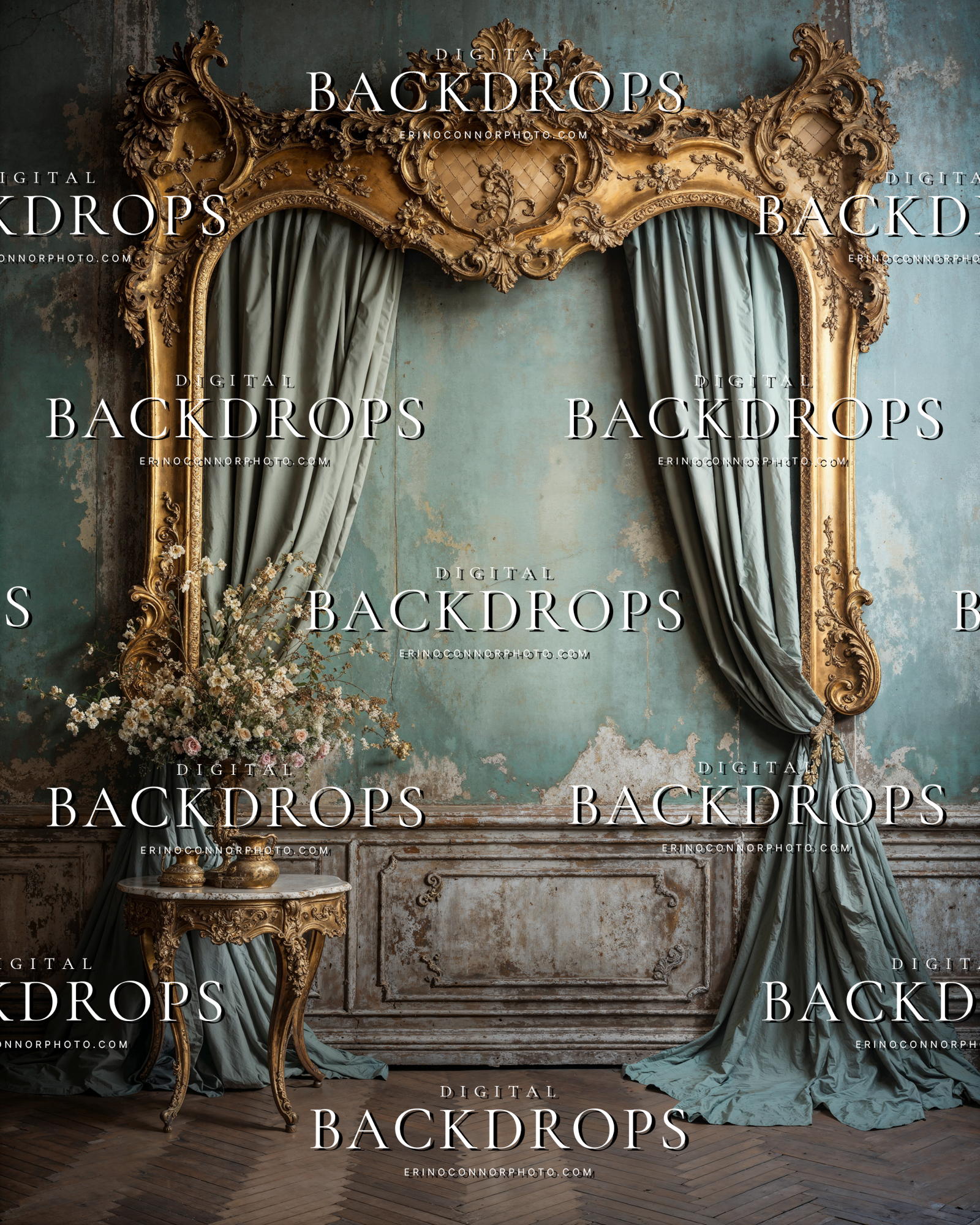 Rococo revival arch background with sage curtain panels inside a gilded arch, ornate side table with flowers, patina teal wall, high resolution JPEG digital backdrop.