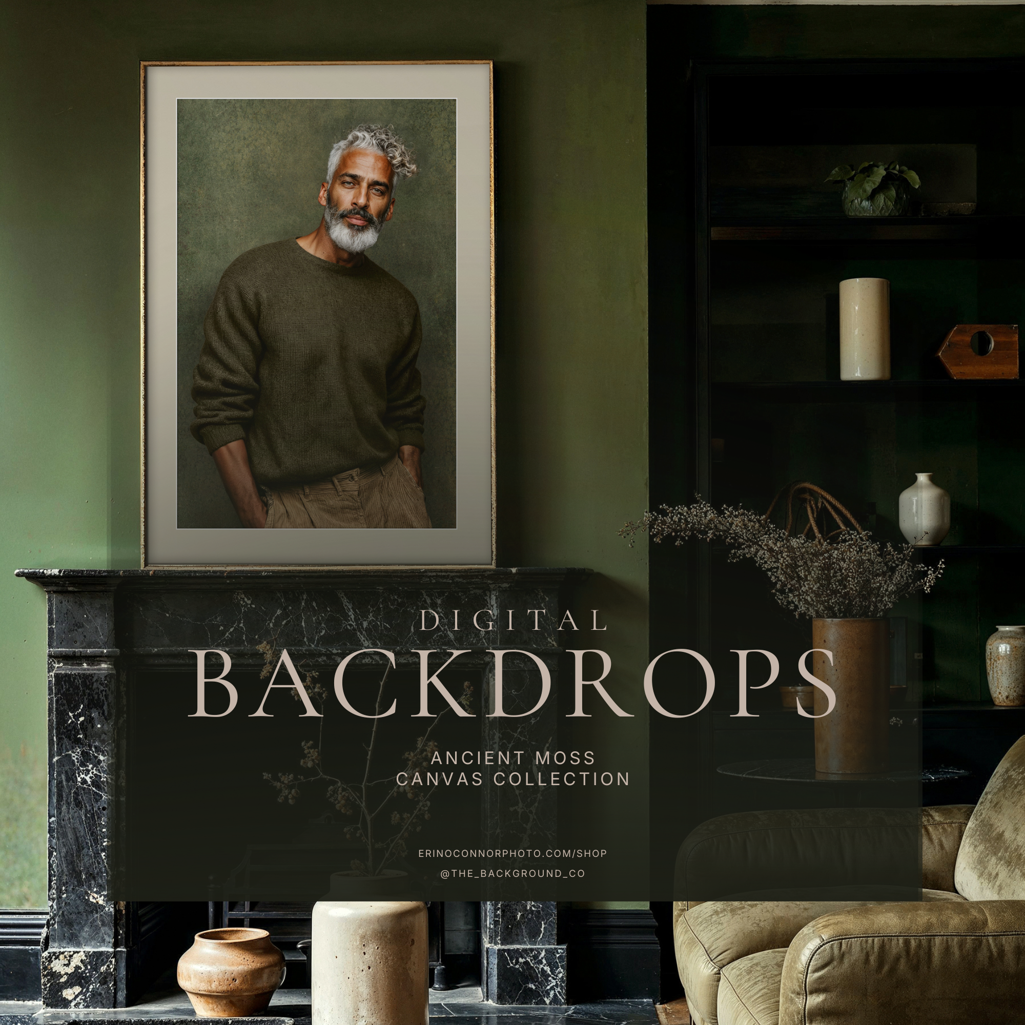 Ancient Moss olive green canvas portrait background shown as framed wall art in a dark green interior for photographers and artists.