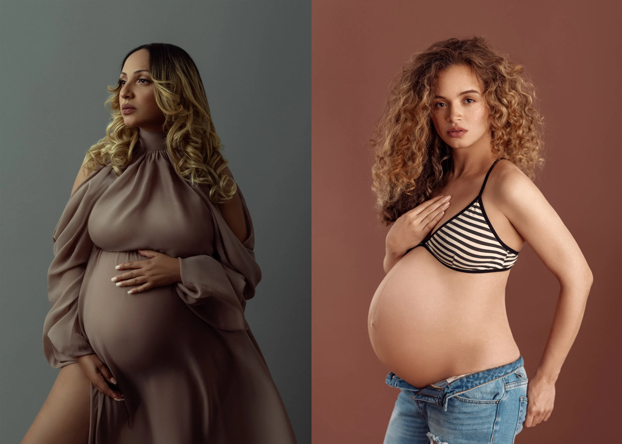 Side-by-side maternity portraits of pregnant women wearing a flowing taupe gown and casual jeans with a striped top against studio backgrounds.