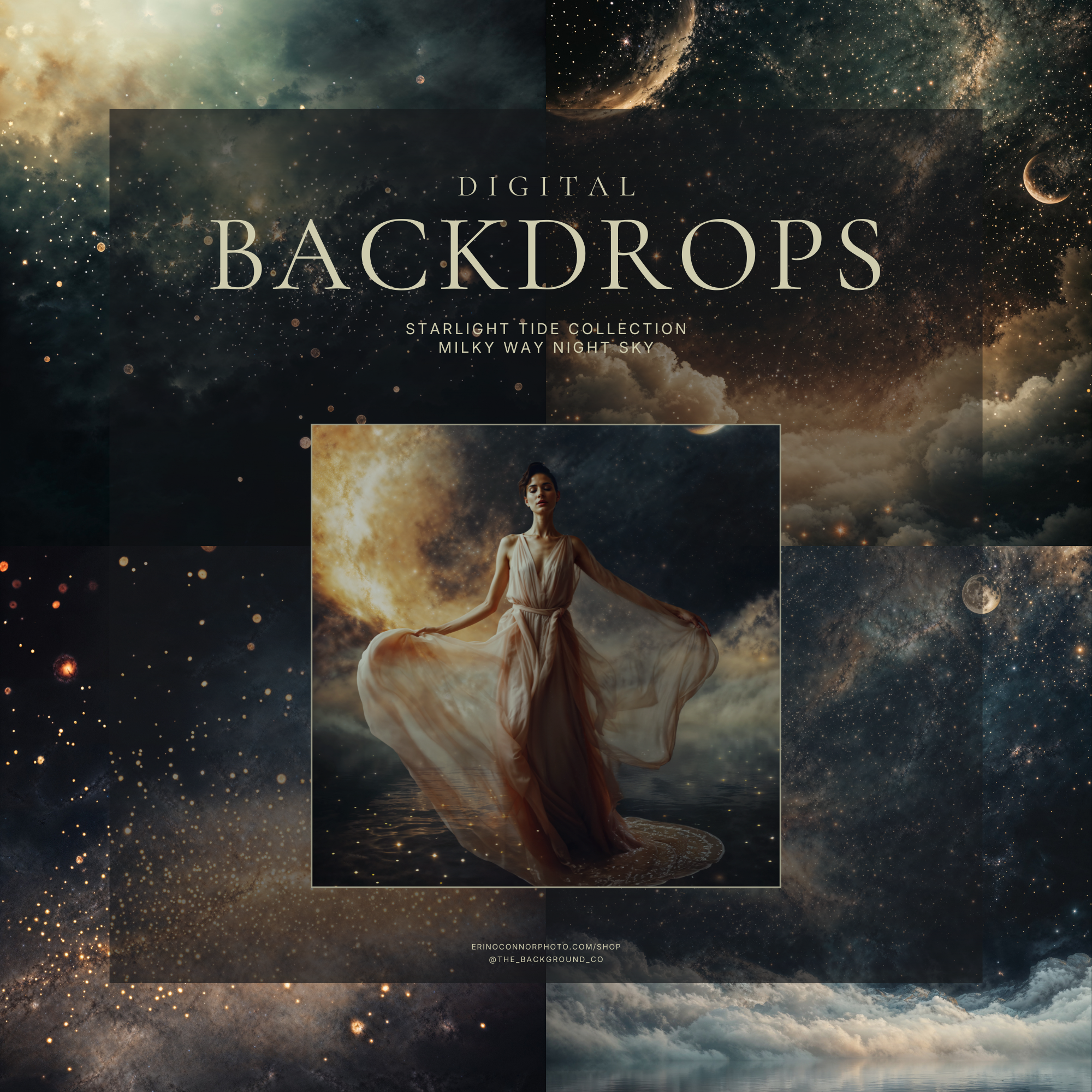 Milky Way night sky digital backdrops collage, Starlight Tide collection preview, celestial galaxy backgrounds for fantasy portrait composites