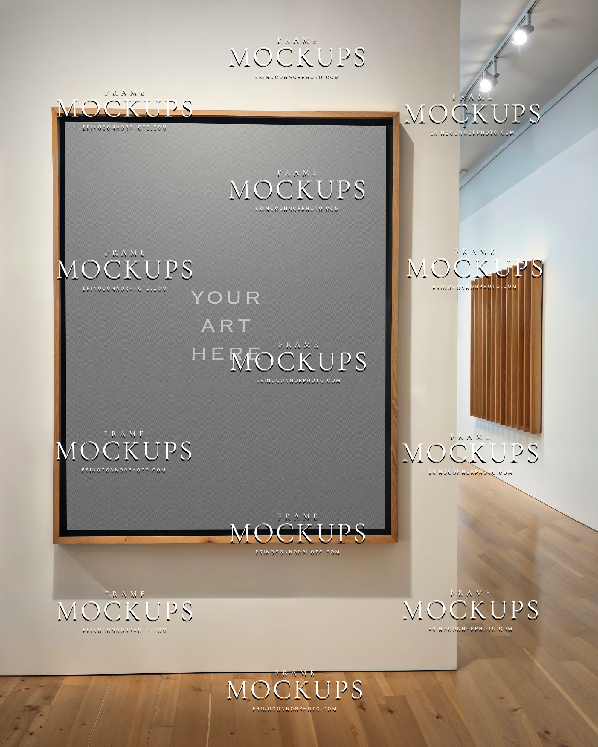 Clean modern art gallery framed canvas mockup with tall portrait canvas, white gallery wall, wood floor, and minimalist exhibition corridor.