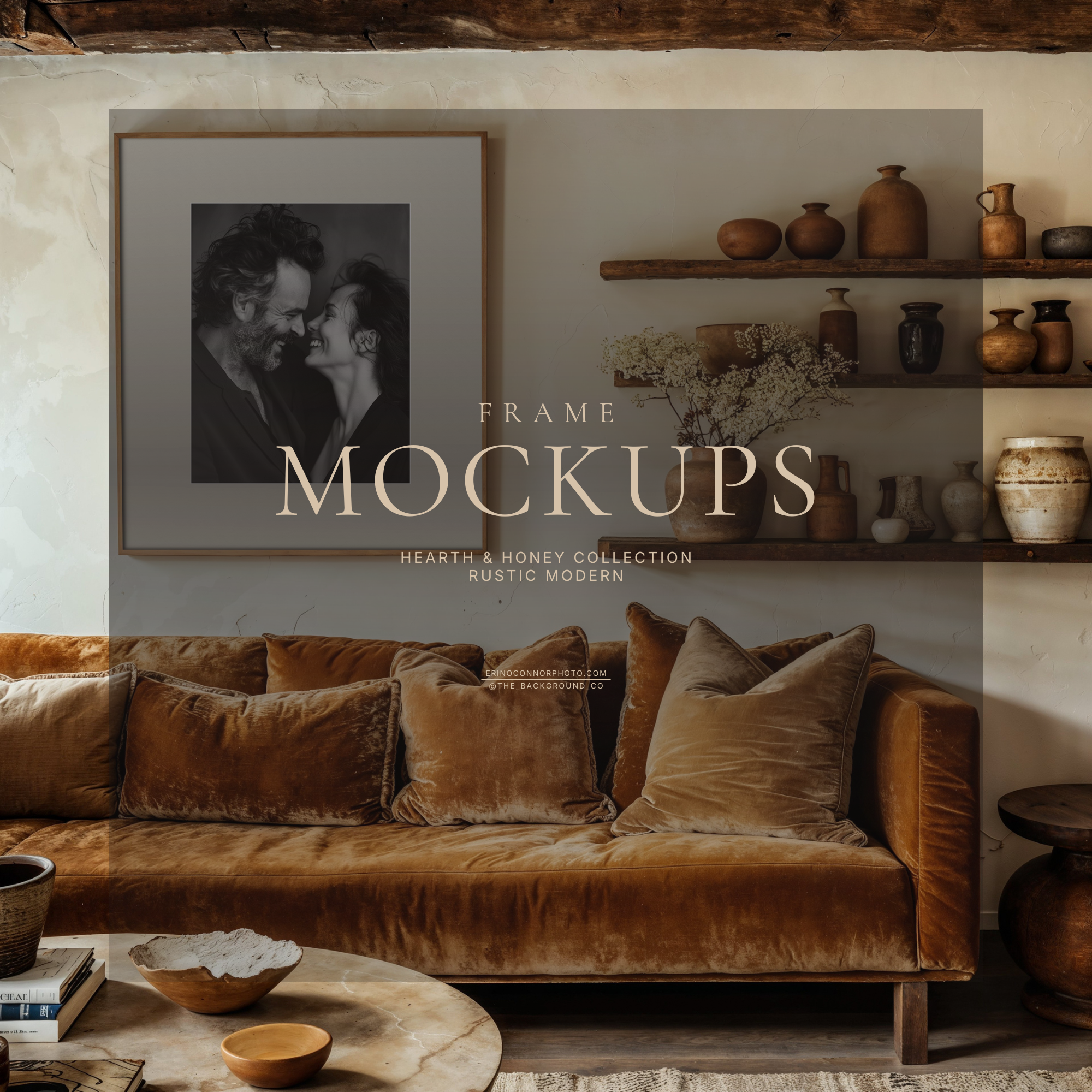 Rustic modern living room frame mockup above an ochre velvet sofa, plaster wall with pottery shelves and wood beams, blank white mat frame for showcasing artwork in a real room.