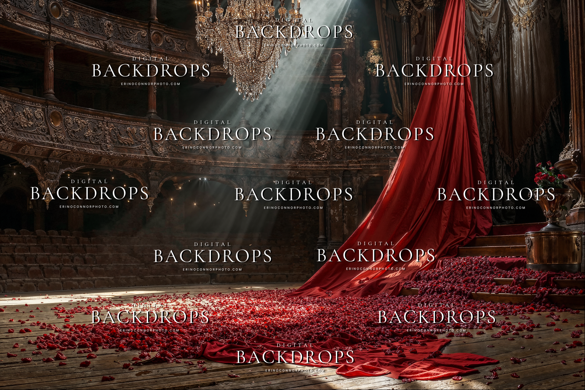 Opera house stage digital background with spotlight beams, long ruby red drape cascading down steps, rose petals on wooden floor, cinematic editorial portrait scene