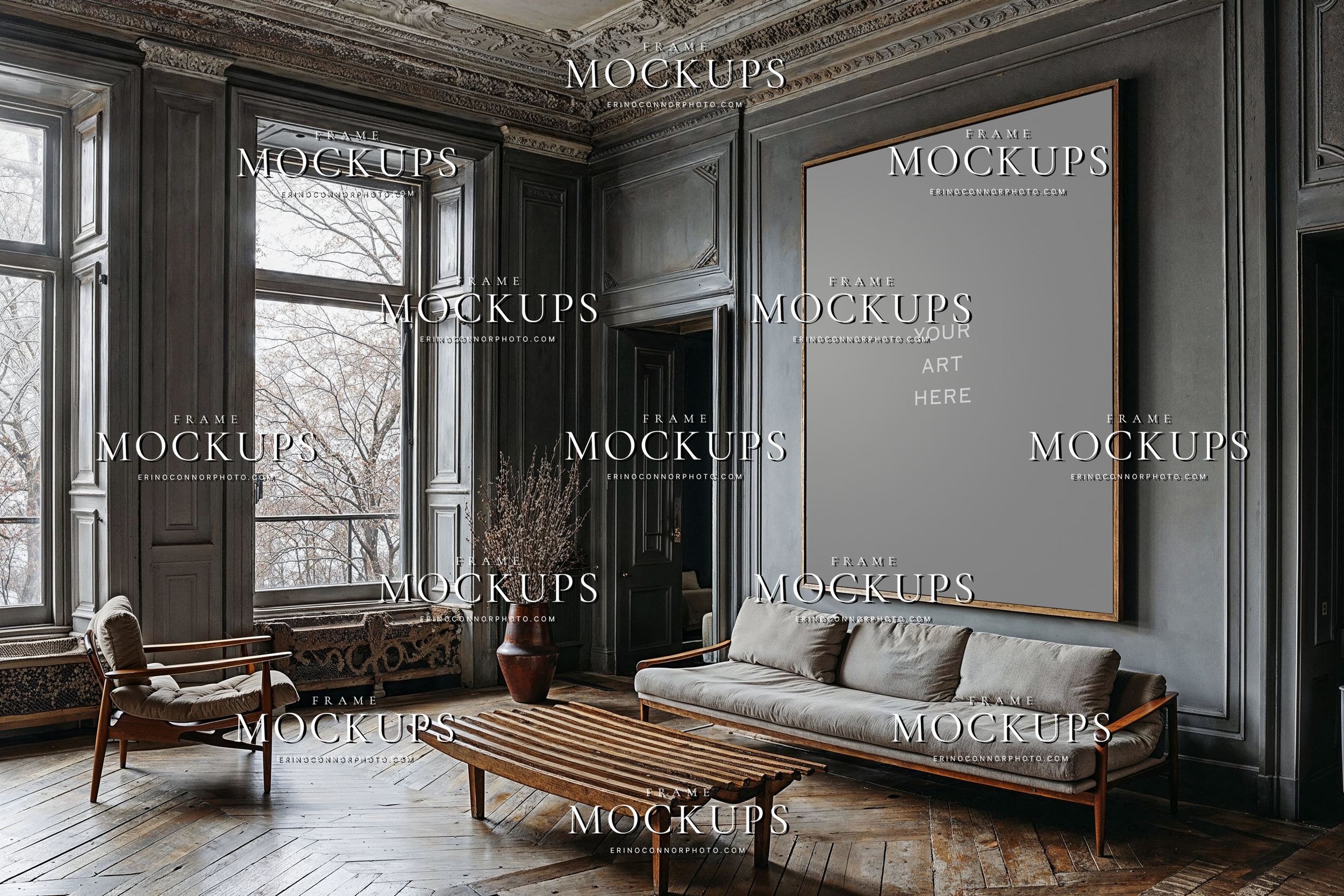 Editorial wabi sabi frame mockup with aged walls, smoked linen sofa, and vertical wall art frame for photographers and artists showcasing prints.