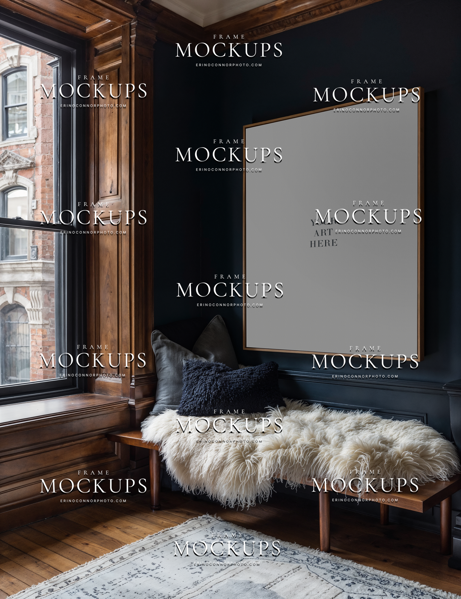 Empty Moody Victorian frame mockup with a tall vertical frame above a fur covered bench, dark blue paneled walls, warm wood trim, and a blue hour city view.