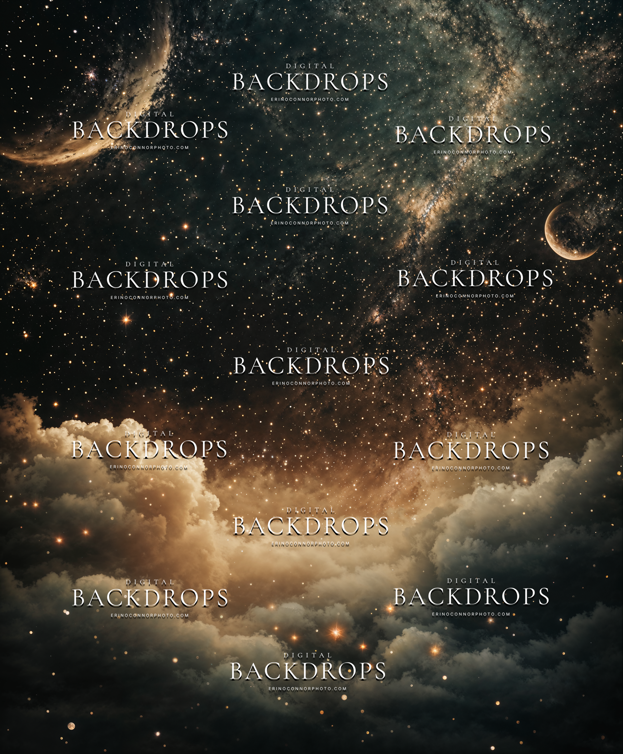 Milky Way star field digital backdrop with crescent moon and luminous clouds, celestial fantasy portrait background for photographers