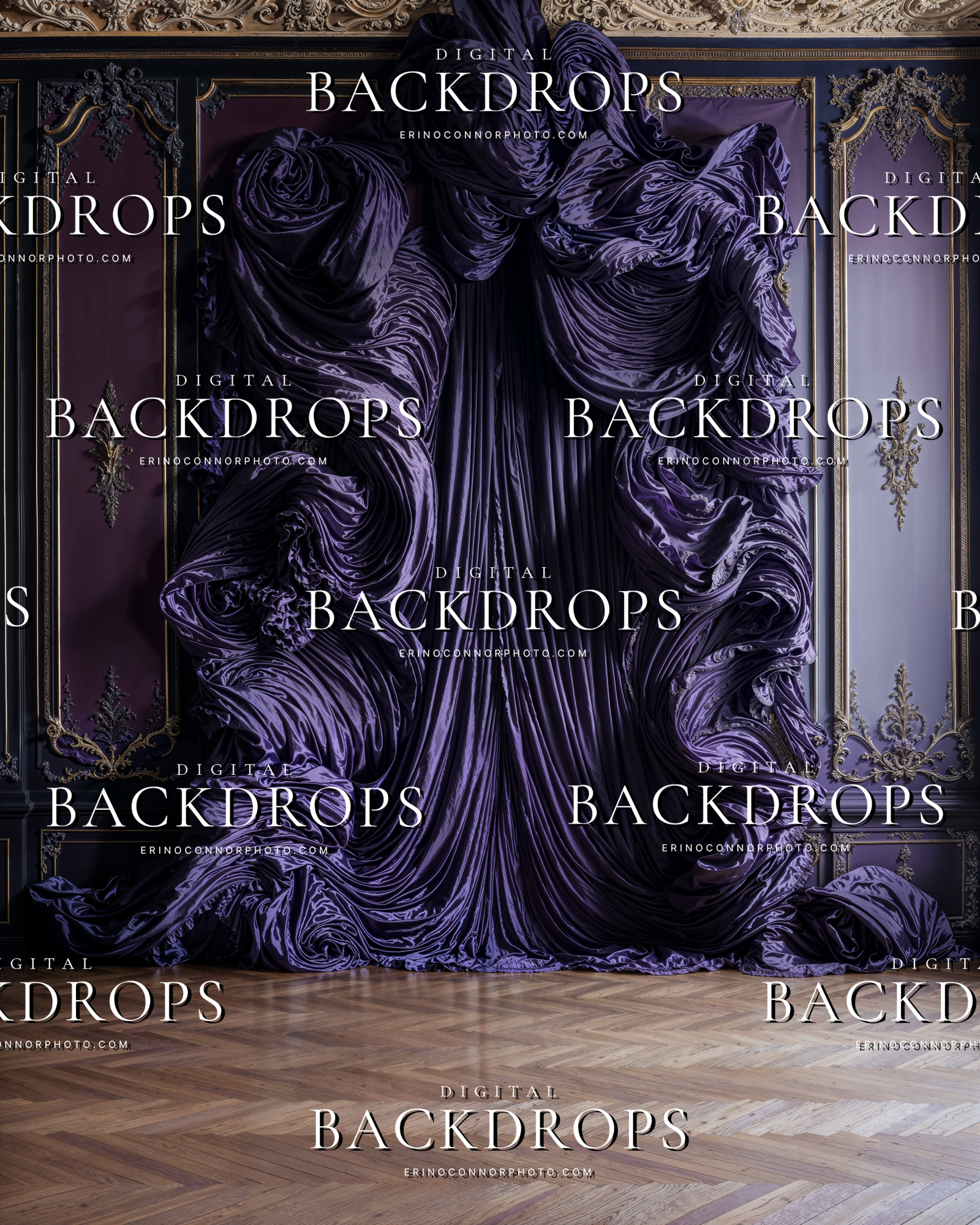 Aubergine silk digital background with sculptural drapery, moody purple tones, and ornate parlor details for fine art composites.