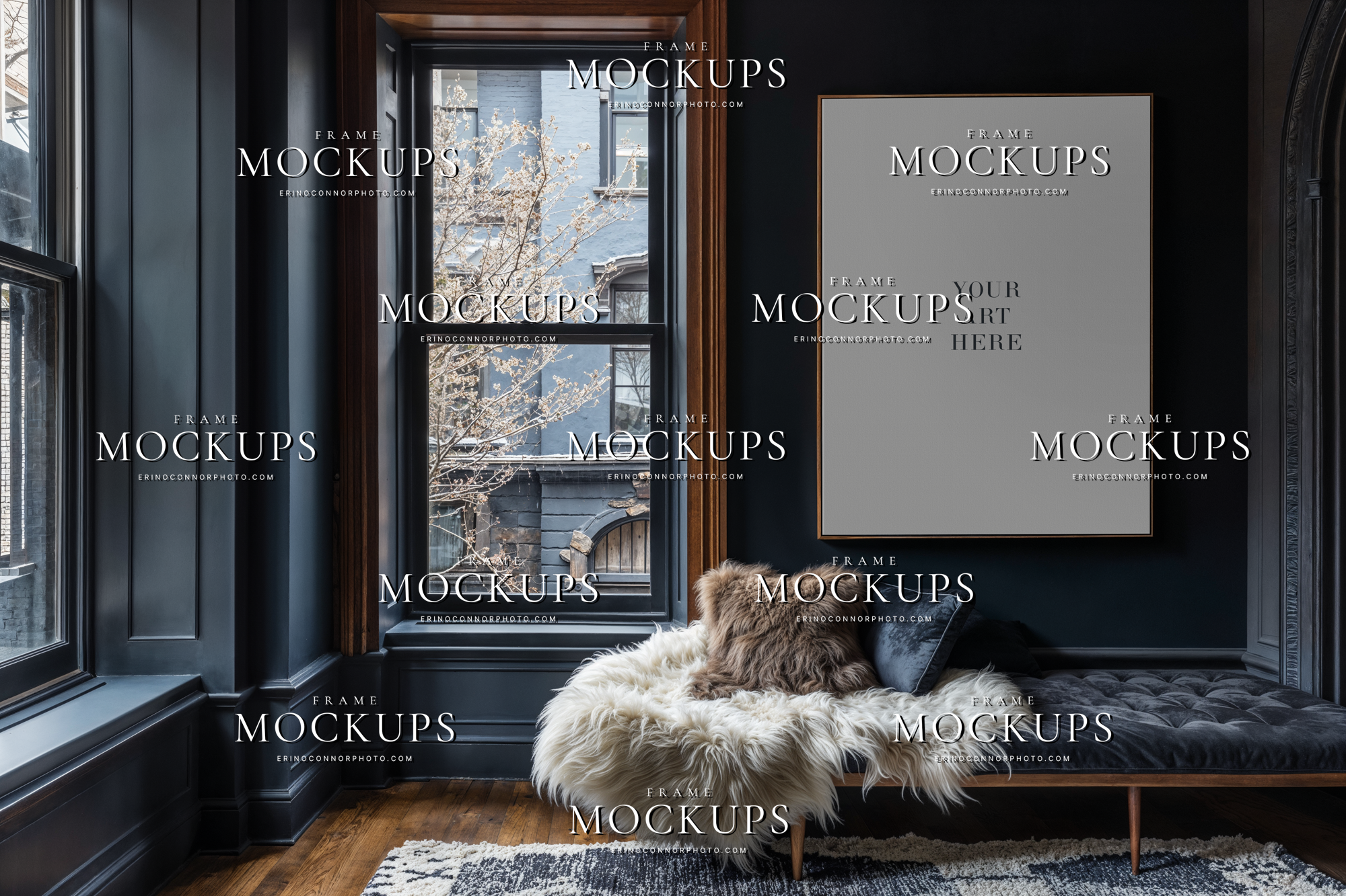 Empty wall art mockup in a Moody Victorian room with a vertical frame, dark navy paneled walls, carved wood window trim, fur covered bench seating, and soft natural light.