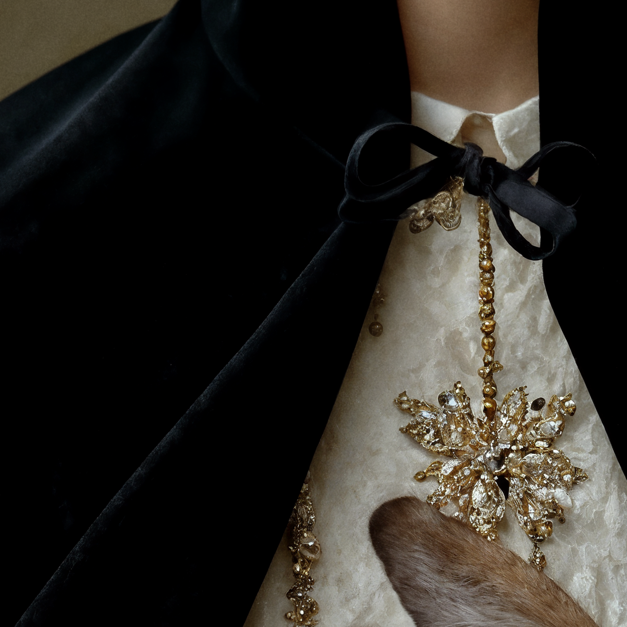 Detail of Eira's black velvet mantle beside her ivory and gold embroidered ceremonial gown.