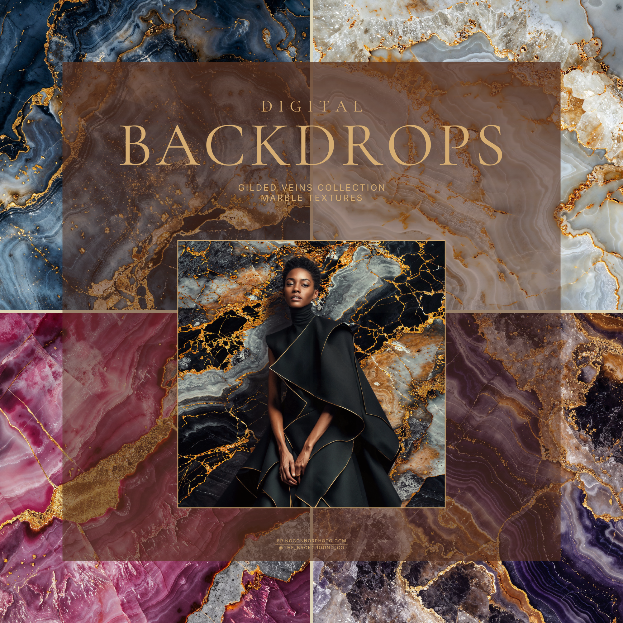 Marble Textures Gilded Veins cover image with black, blue, ivory, rose, amethyst, and gold marble digital backgrounds for photographers.