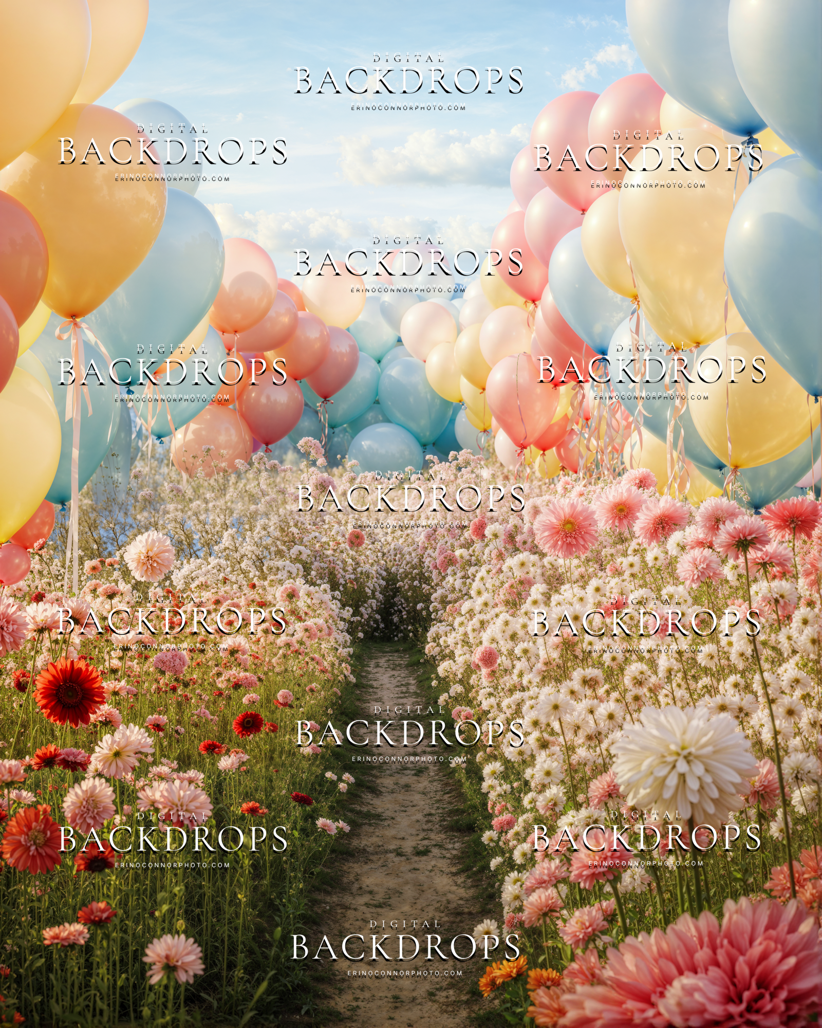 Pastel balloons floating over a flower lined path with soft sky light, airy meadow digital backdrop for portraits and spring mini sessions.