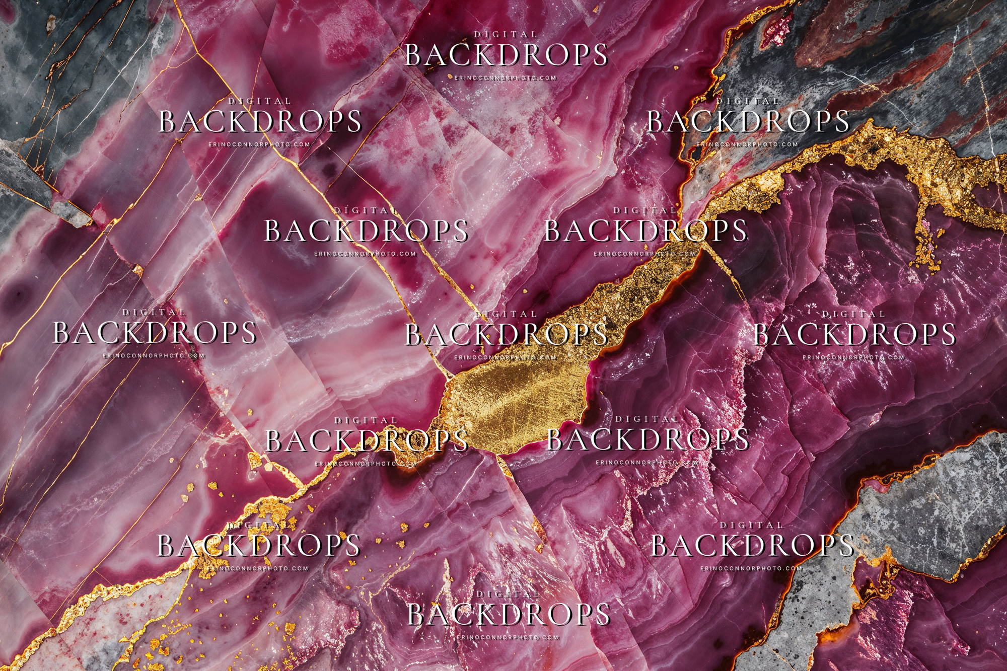 Magenta gold marble texture digital background with rich pink stone, grey mineral layers, black contrast, and dramatic gilded veining.