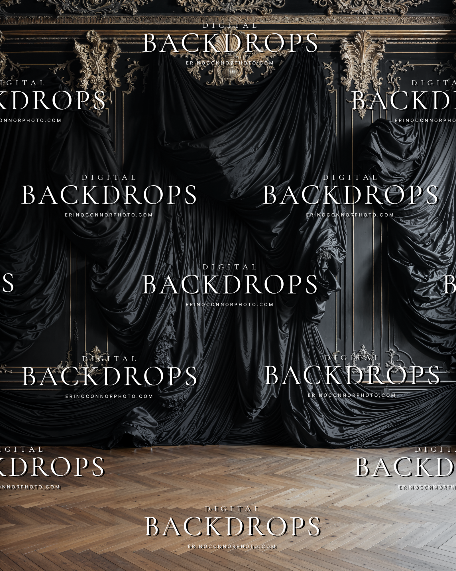 Moody black draped silk background with antique gold ornament and dark wall paneling for fine art and editorial portrait composites.