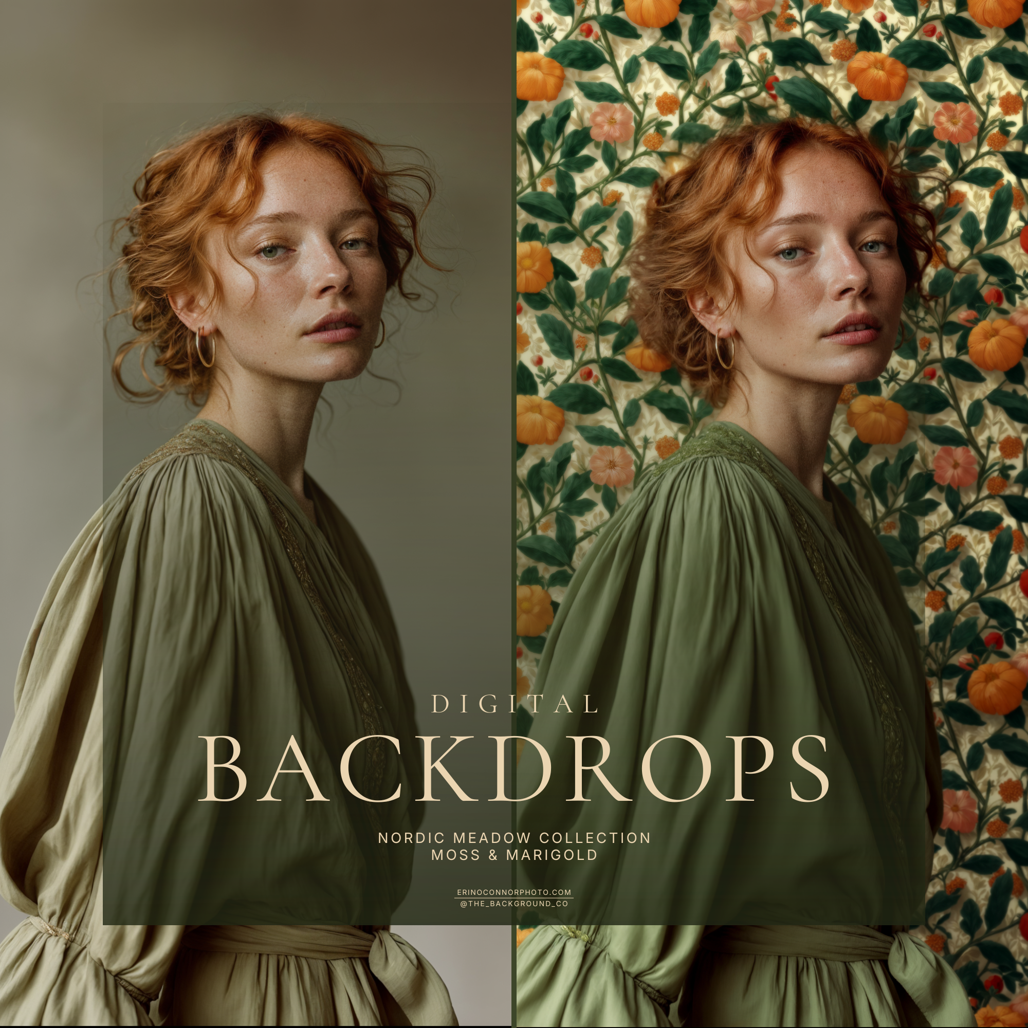 Before and after composite, portrait on gray then placed on Nordic Meadow pumpkin floral pattern digital background, Moss & Marigold collection.