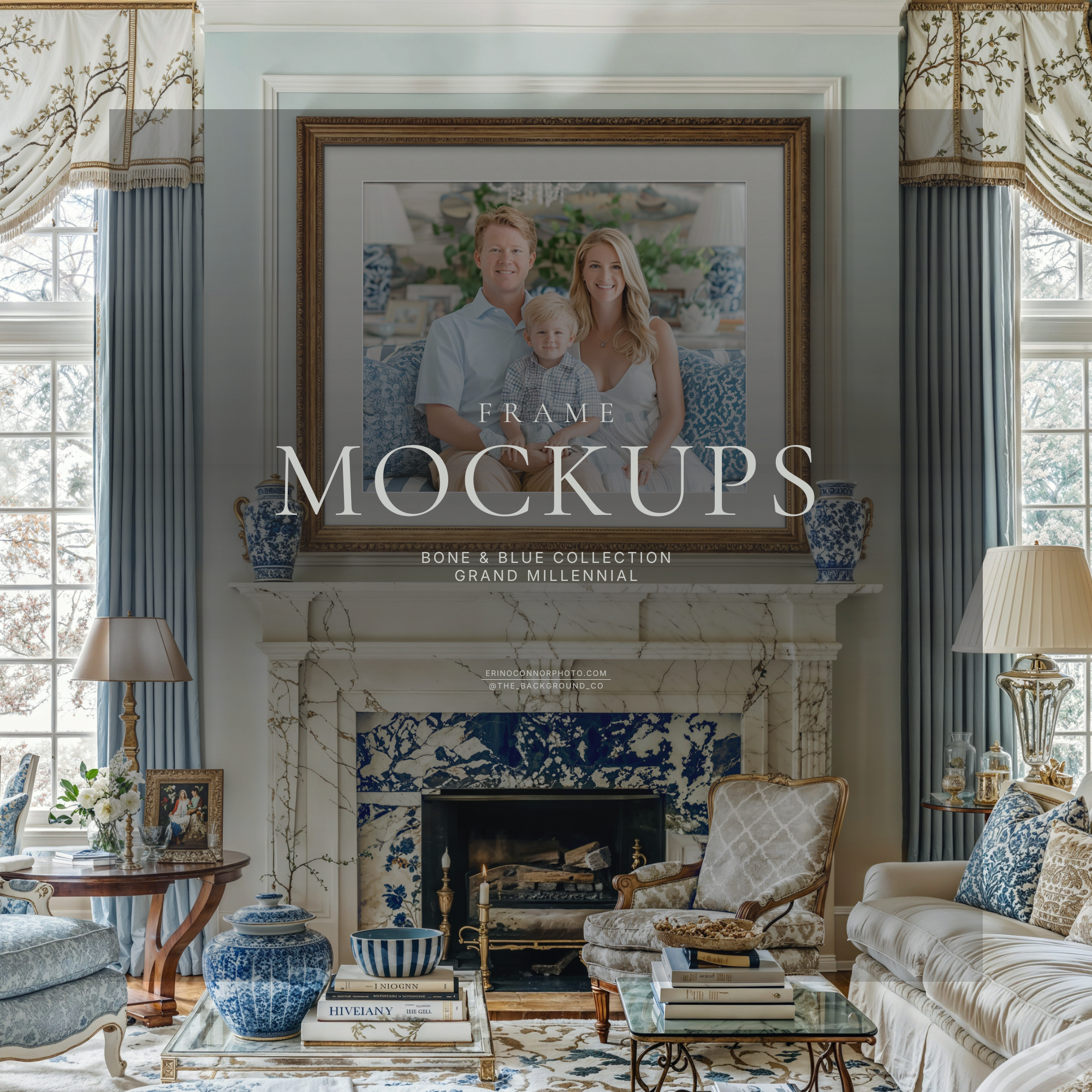 Grand Millennial Room & Frame Mockups | Bone & Blue Wall Art Mockup Set