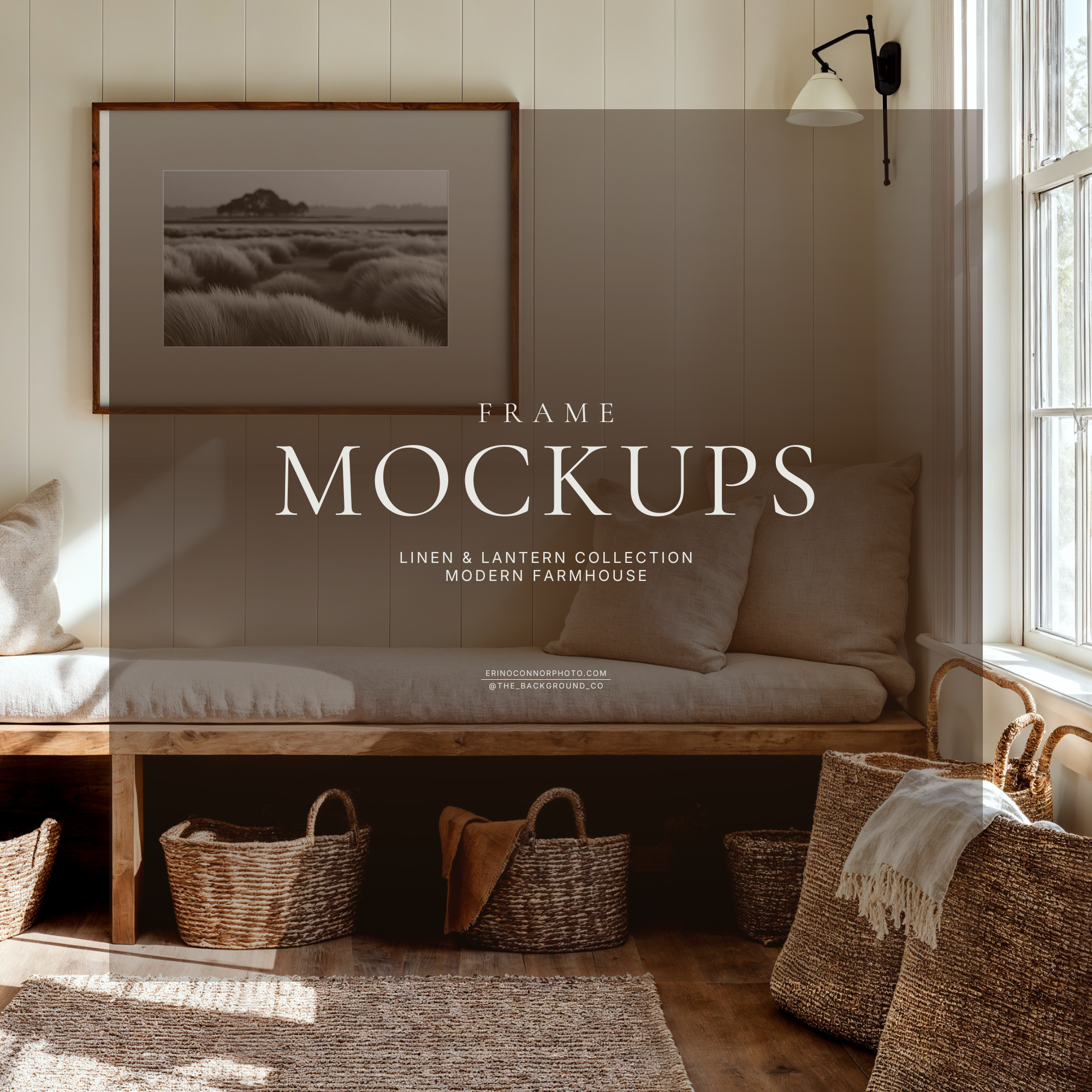 Modern farmhouse room mockup with white shiplap wall, sunlit linen bench seating, woven baskets, and walnut frame with wide matte for wall art display.