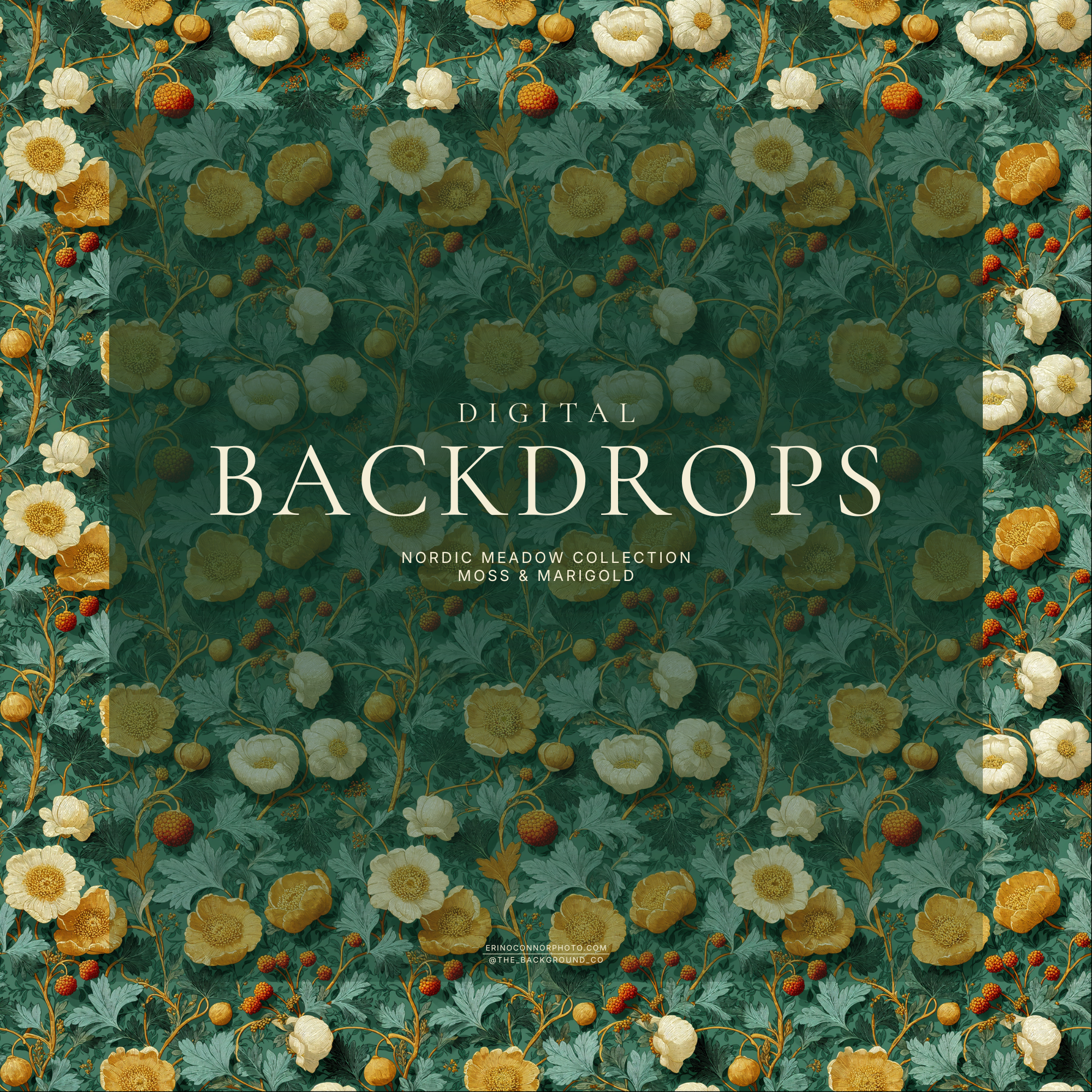 Nordic Meadow digital background, teal moss floral pattern with cream and gold flowers, berries and leaves, rich vintage wallpaper texture, high resolution JPEG.