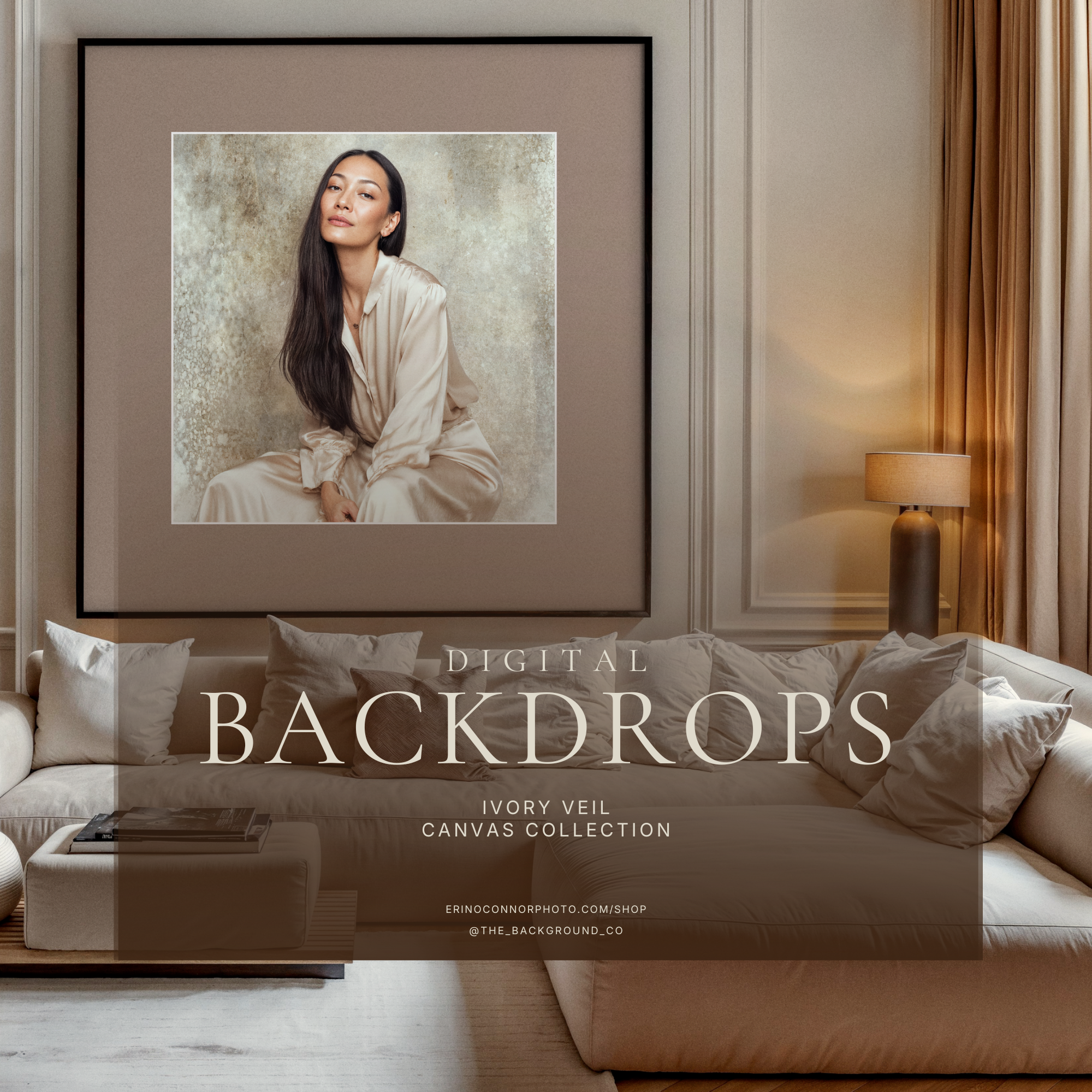 Neutral modern living room mockup with large framed portrait on Ivory Veil canvas backdrop; wall art display preview for photographers and artists.