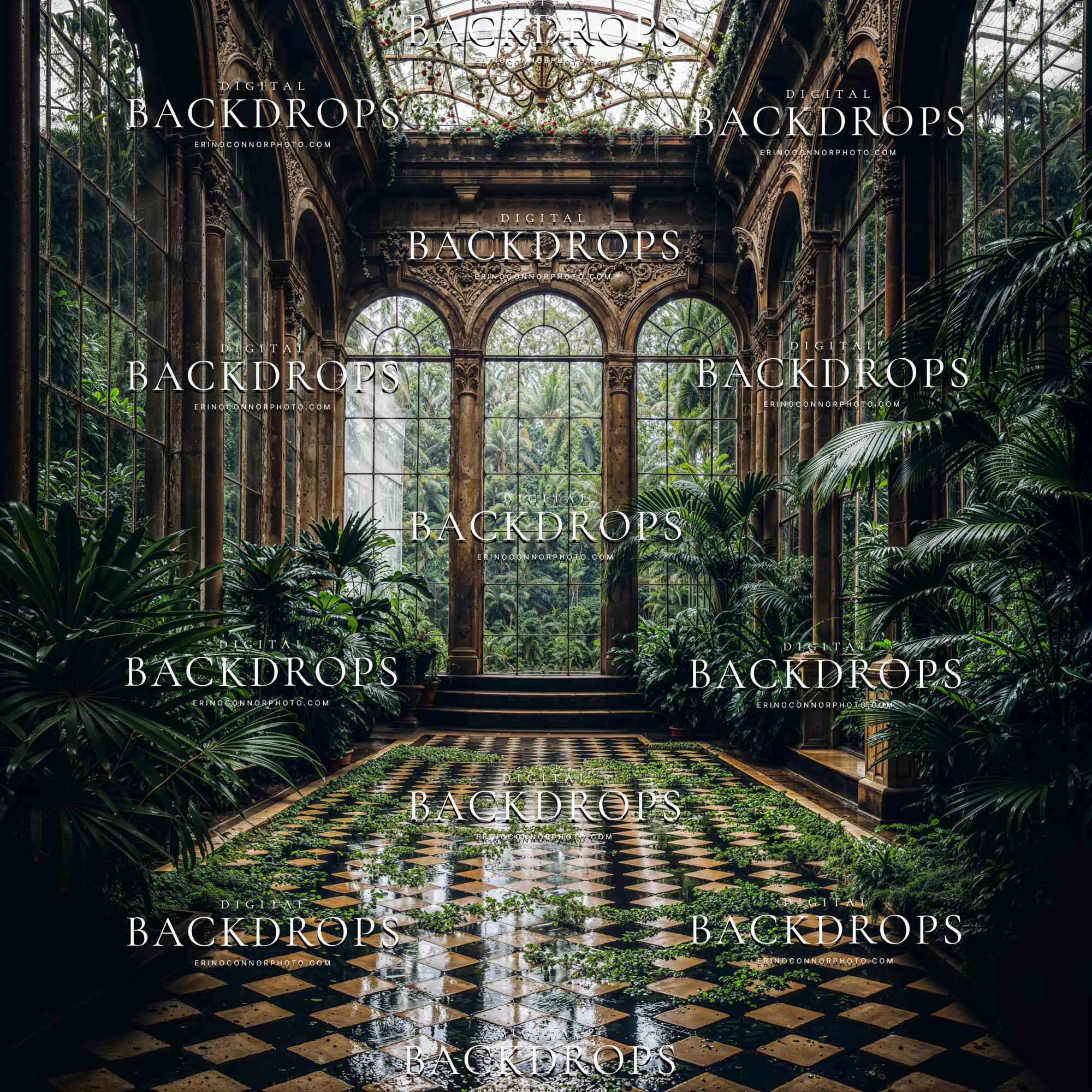 Vintage conservatory hall with checker tile floor, hanging chandelier, ornate arches, and lush greenery, Palace Greenhouse: Emerald Conservatory digital backdrop.