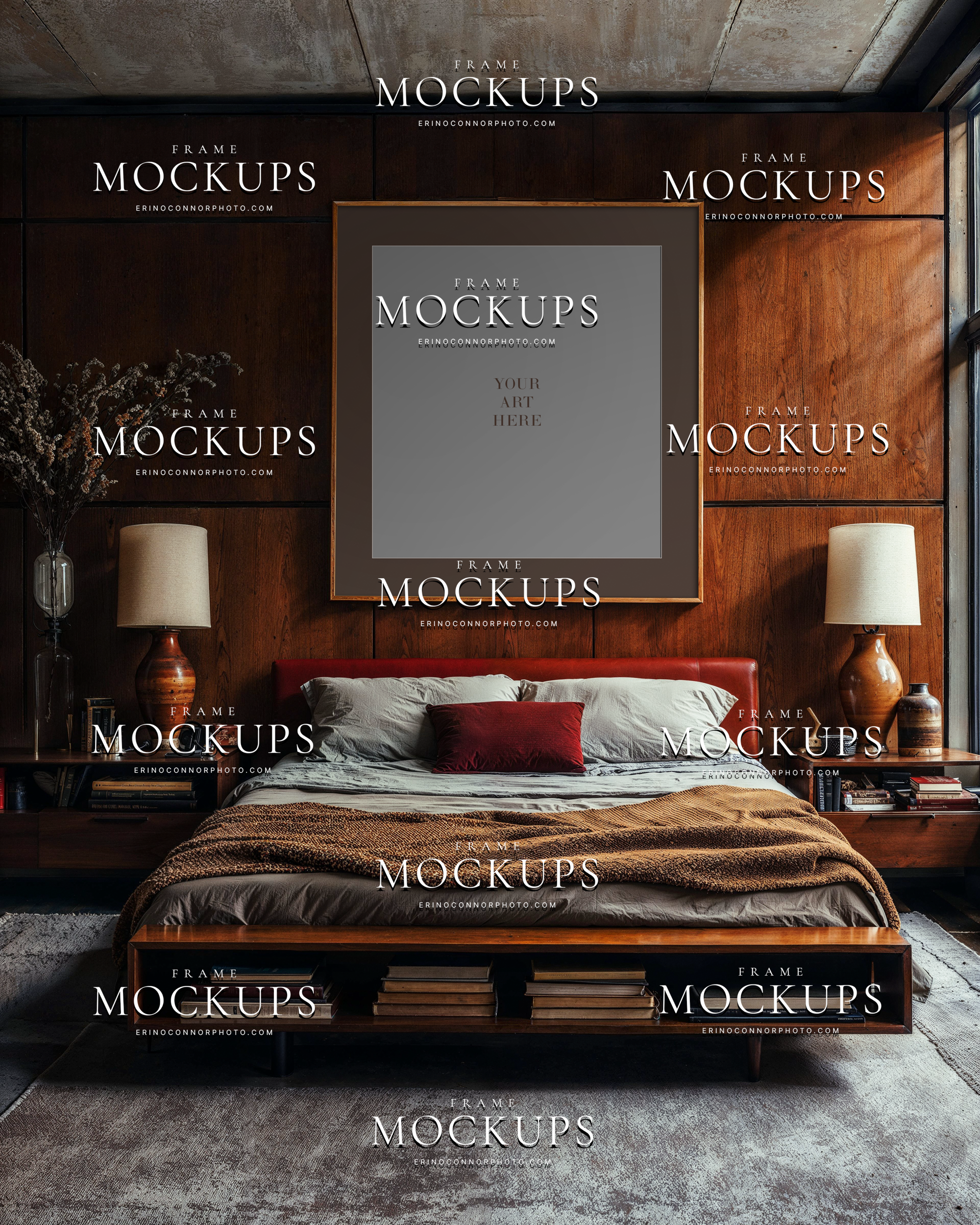 Empty vertical wall art mockup in a Brutalist Modern bedroom with rich wood paneling, low platform bed, rust accent pillow, and warm directional light