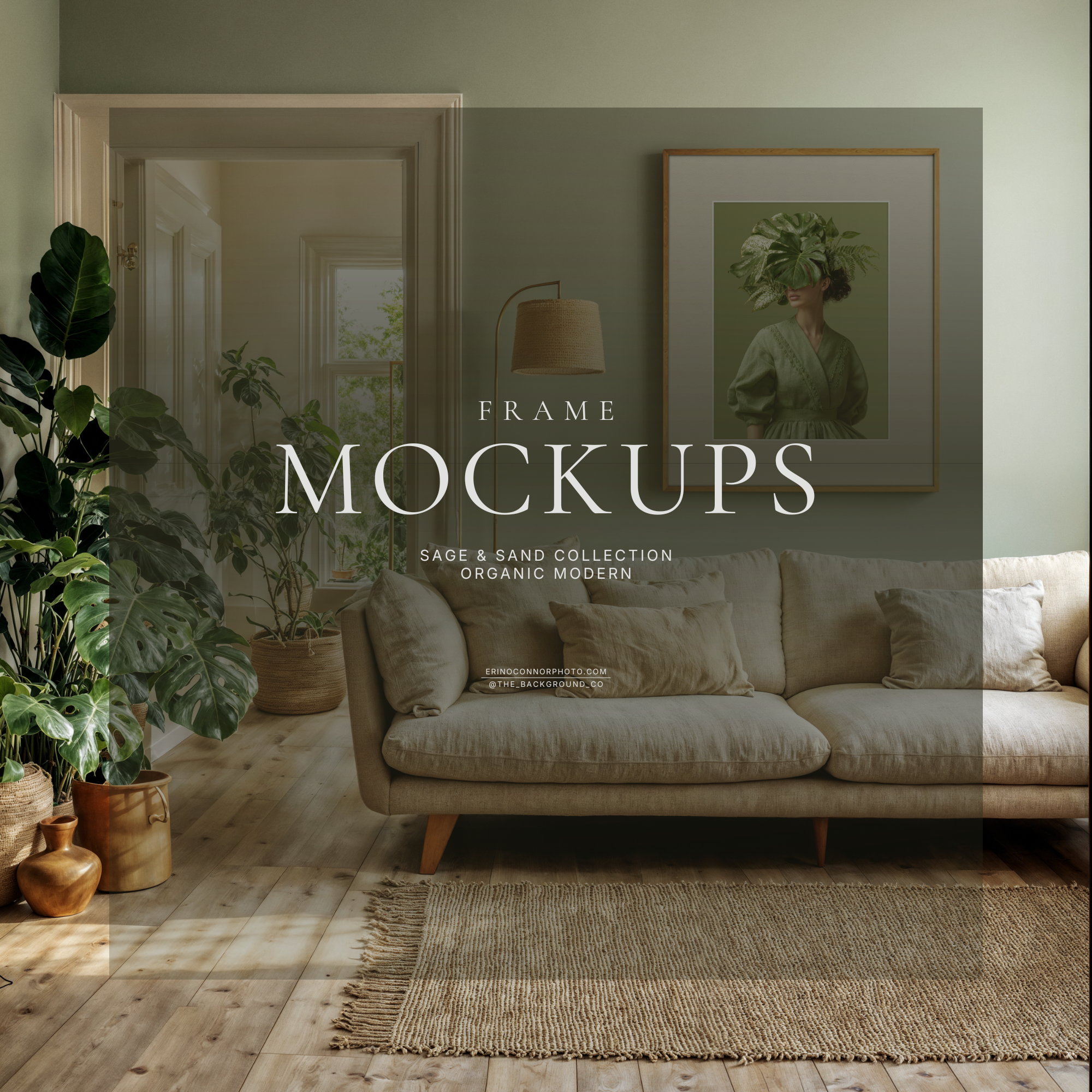 Organic modern living room mockup with sage green wall, linen sofa and indoor plants, featuring a large vertical oak frame with wide white matte in soft natural light for wall art display.