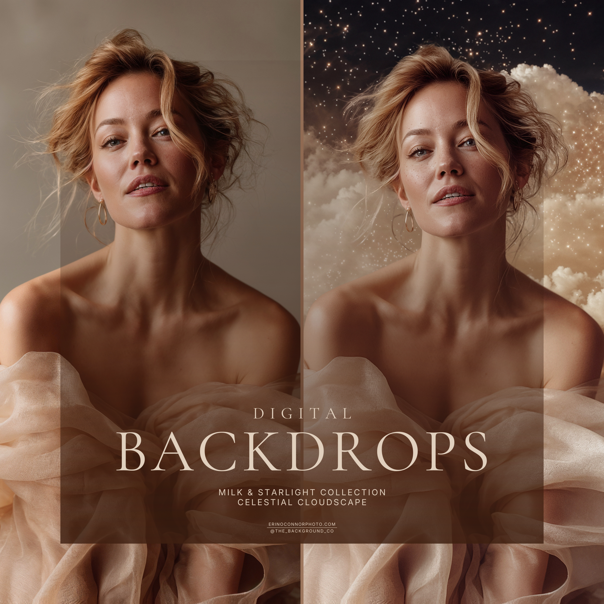 Before and after comparison showing a studio portrait turned into a celestial cloud composite using the Milk & Starlight digital background collection.