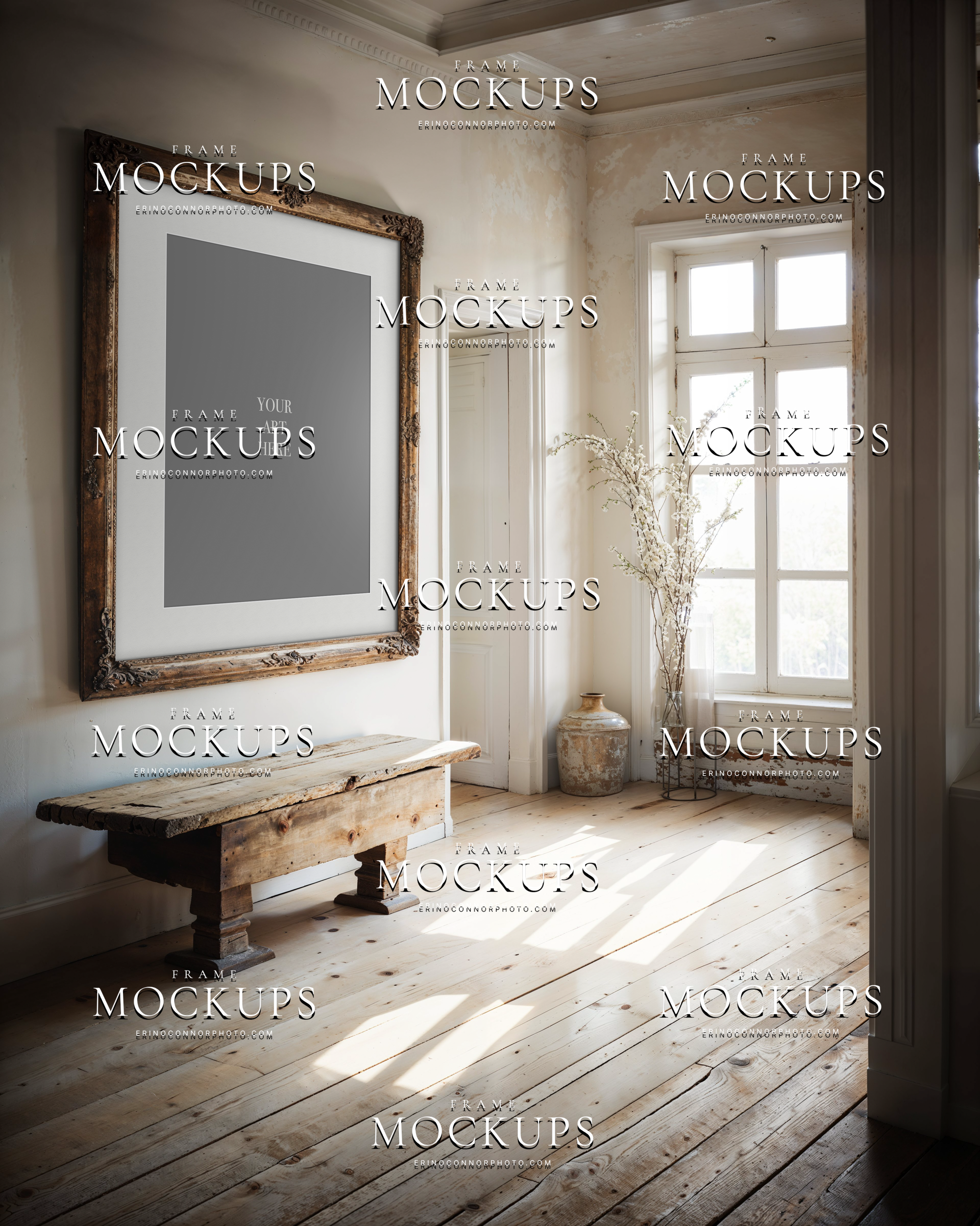 Vintage farmhouse clean frame mockup with large ornate antique frame, rustic bench, aged plaster walls, and soft natural light in an airy country room.