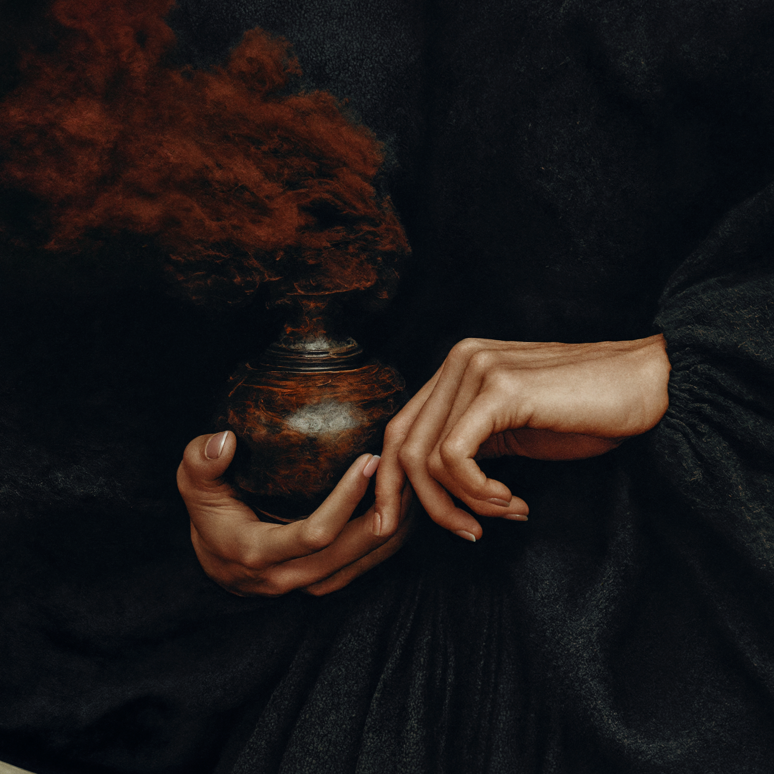 Close detail of the small dark vessel held carefully between Arden's hands.