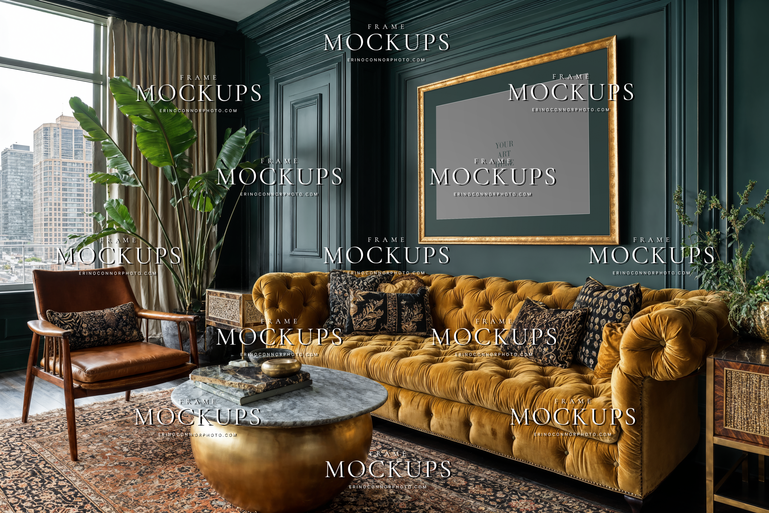 European maximalist wall art mockup with teal paneled walls, mustard tufted sofa, gilt frame, and vintage decor for photographers and artists presenting framed prints.