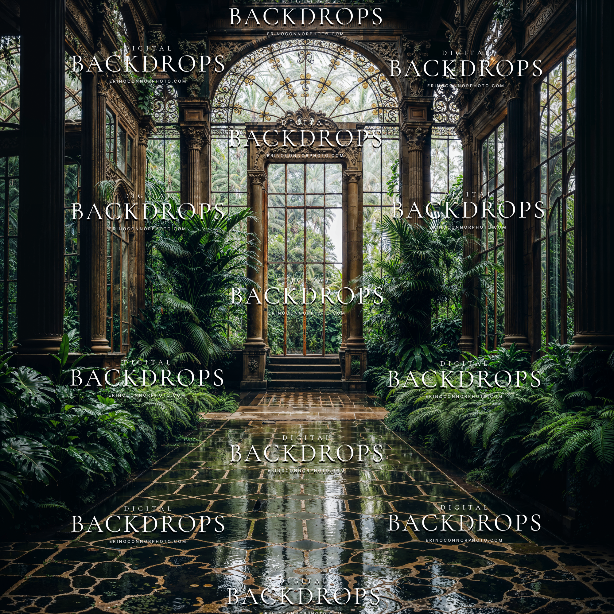 Grand glass conservatory interior with arched windows, ironwork, lush plants, and glossy wet stone floor, Palace Greenhouse: Emerald Conservatory digital backdrop.