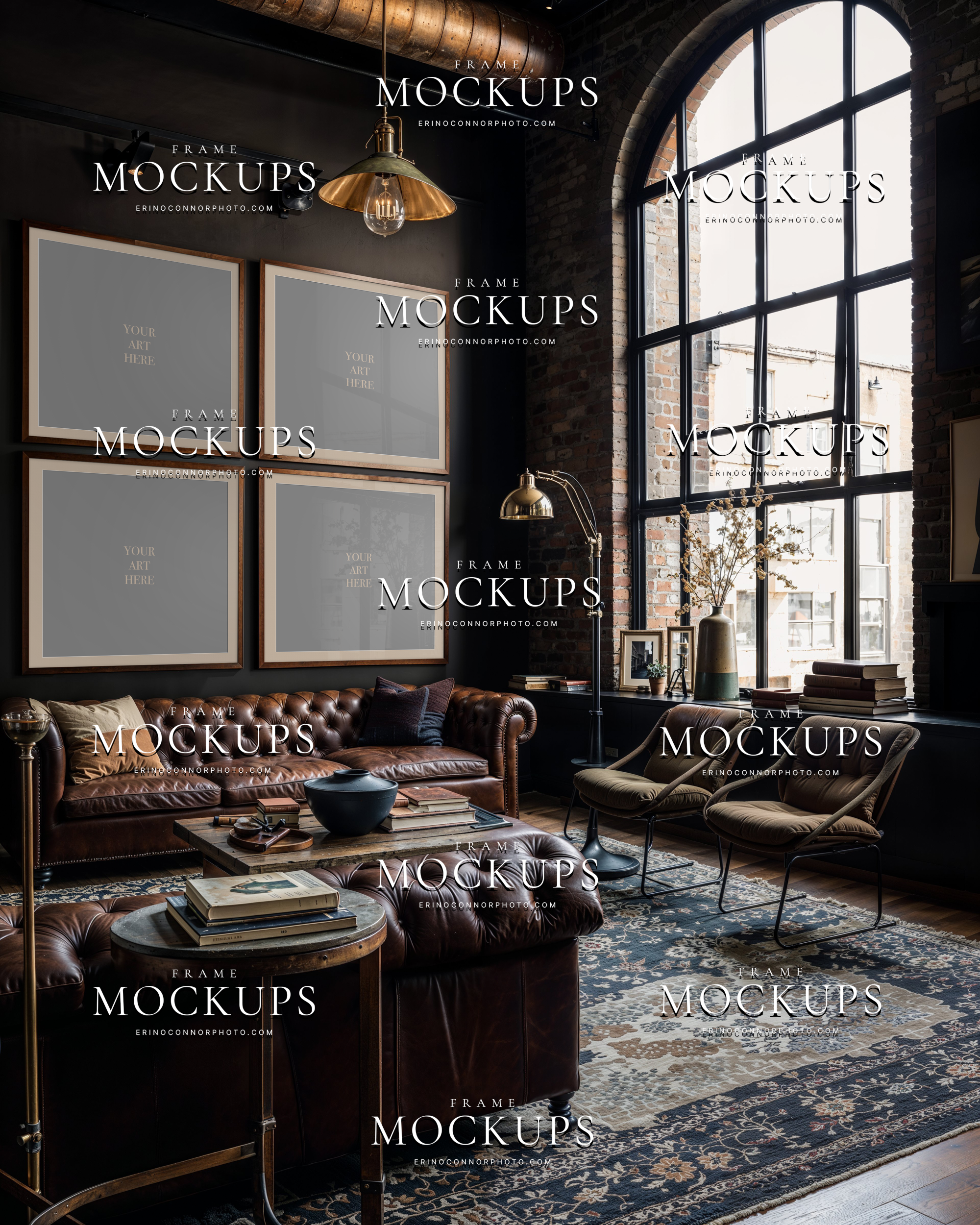 Industrial loft vertical wall art mockup with black walls, leather chesterfield sofa, open shelving, and large portrait frame for photographers and artists presenting artwork.