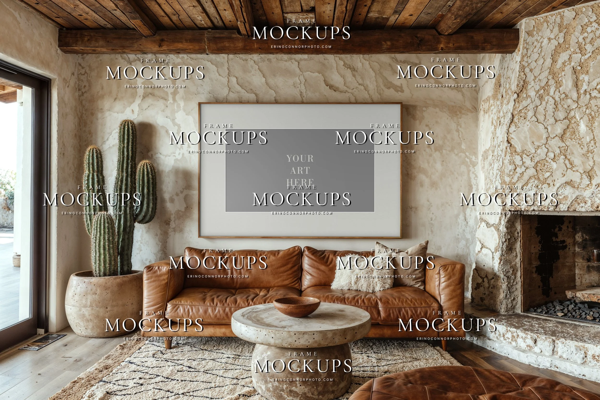 Empty horizontal wall art mockup in a Southwestern Modern adobe interior with camel leather sofa, cactus planter, plaster walls, wood beams, and soft natural light
