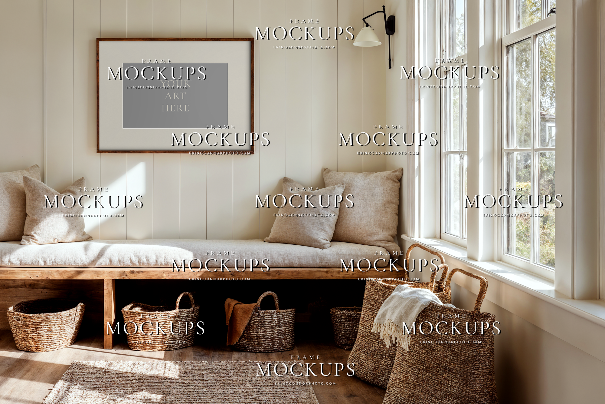 Modern farmhouse room mockup with white shiplap wall, sunlit linen bench seating, woven baskets, and walnut frame with wide matte for wall art display.